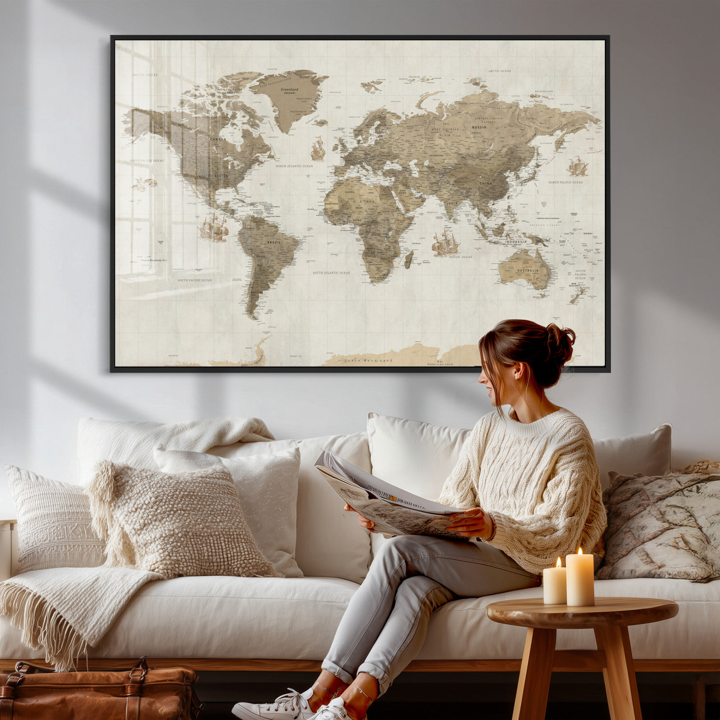 28283260-MGV-CV-36X24 - World Map Wall Art Canvas Print, Modern Decorative Framed Map Artwork Prints for Living Room, Office, Bedroom Wall Decor