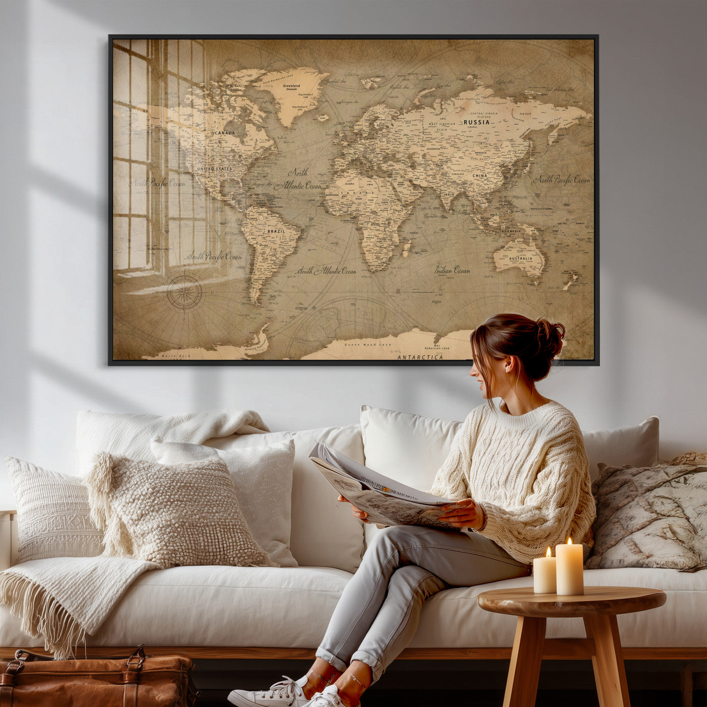 49946617-MGV-CV-36X24 - World Map Wall Art Canvas Print, Modern Decorative Framed Map Artwork Prints for Living Room, Office, Bedroom Wall Decor