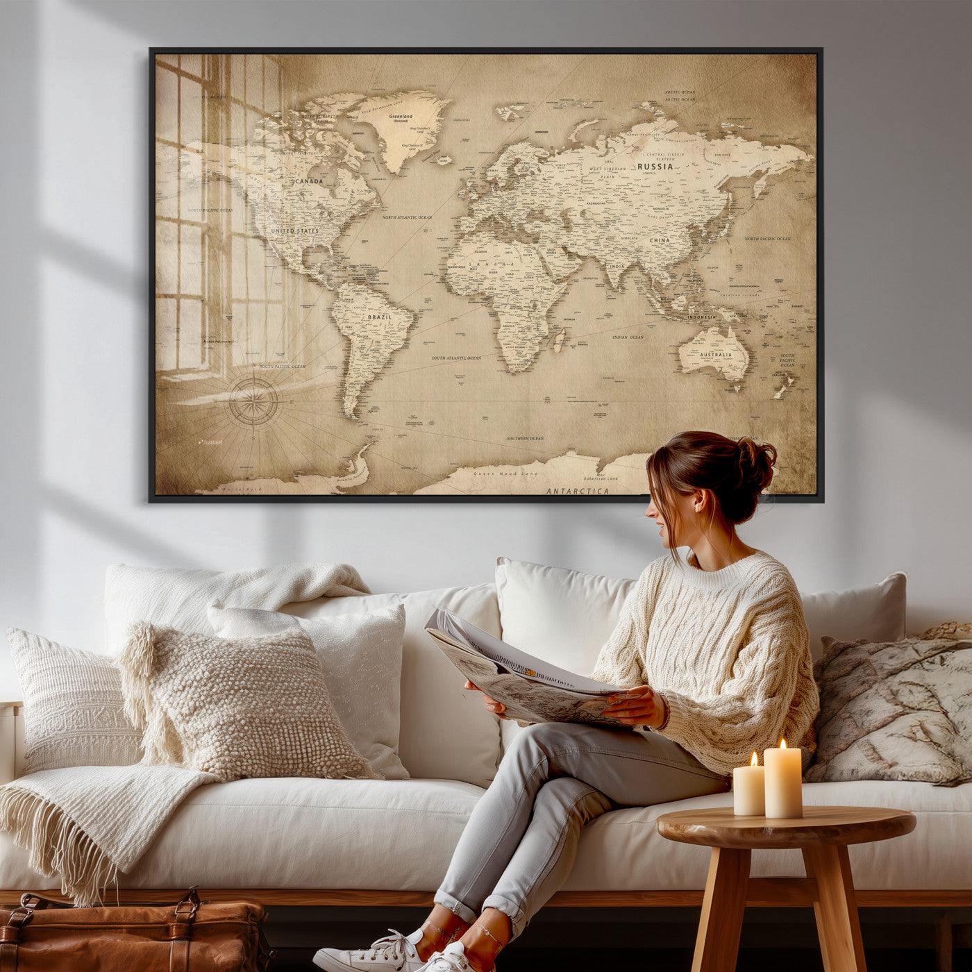 34795134-MGV-CV-36X24 - World Map Wall Art Canvas Print, Modern Decorative Framed Map Artwork Prints for Living Room, Office, Bedroom Wall Decor