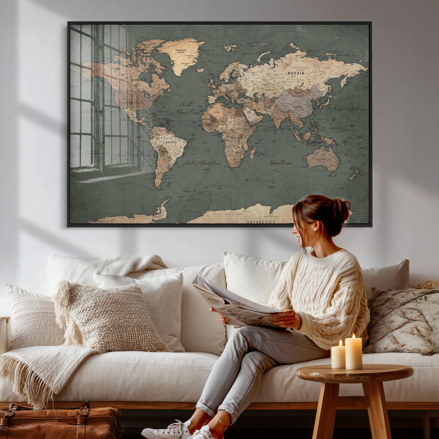84619399-MGV-CV-36X24 - World Map Wall Art Canvas Print, Modern Decorative Framed Map Artwork Prints for Living Room, Office, Bedroom Wall Decor