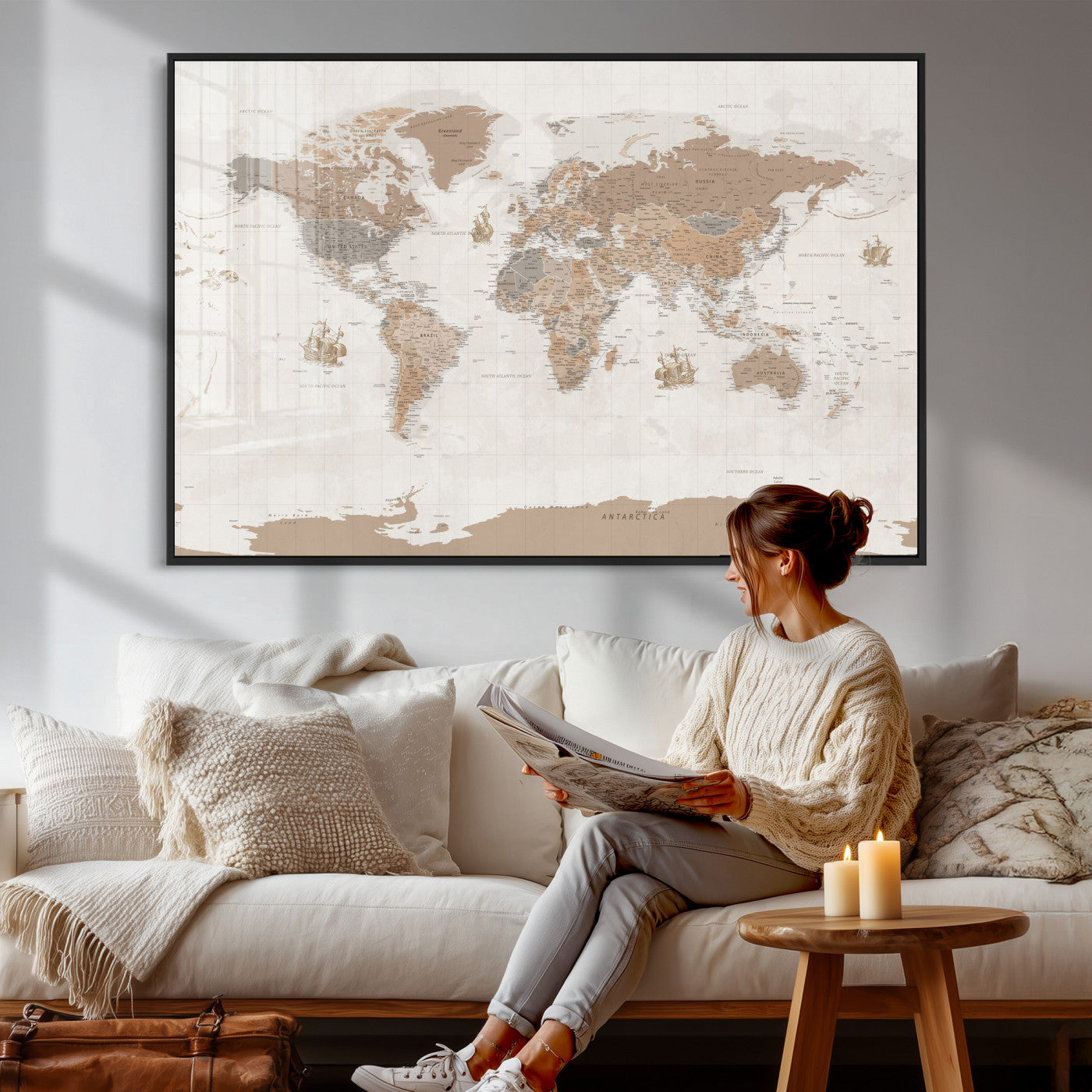 85057279-MGV-CV-36X24 - World Map Wall Art Canvas Print, Modern Decorative Framed Map Artwork Prints for Living Room, Office, Bedroom Wall Decor