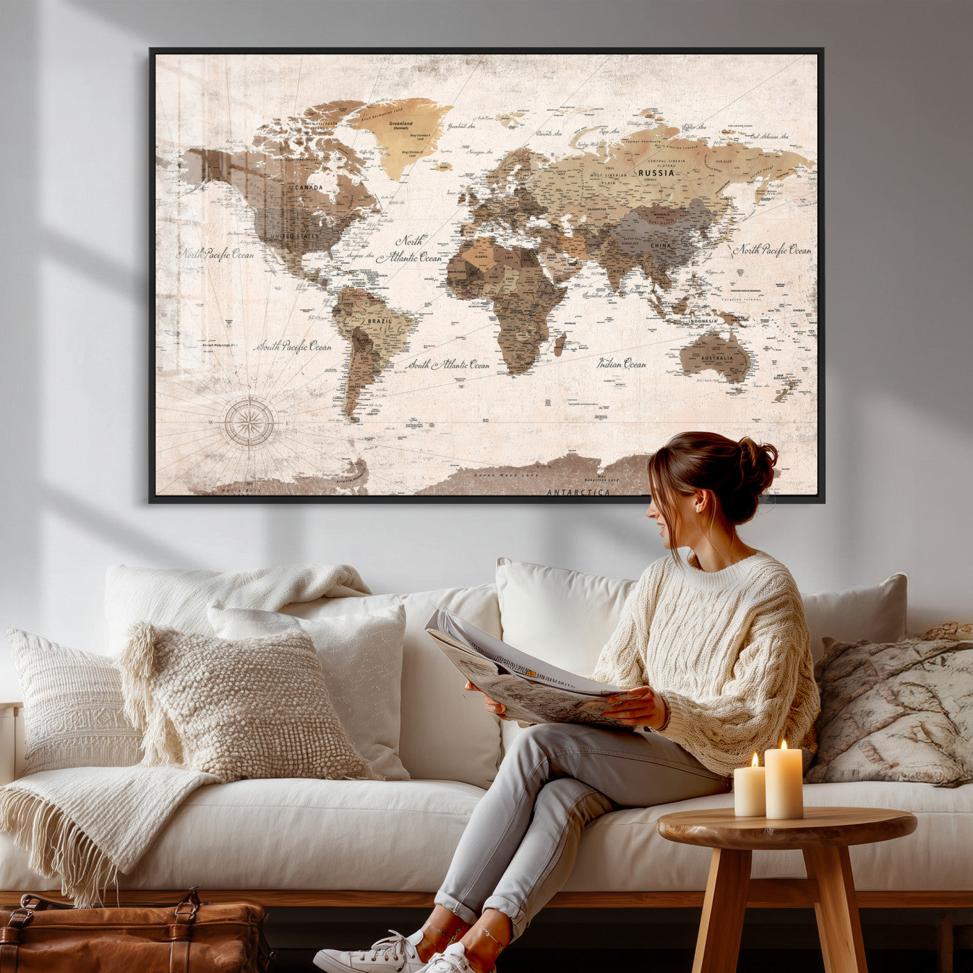 38923639-MGV-CV-36X24 - World Map Wall Art Canvas Print, Modern Decorative Framed Map Artwork Prints for Living Room, Office, Bedroom Wall Decor