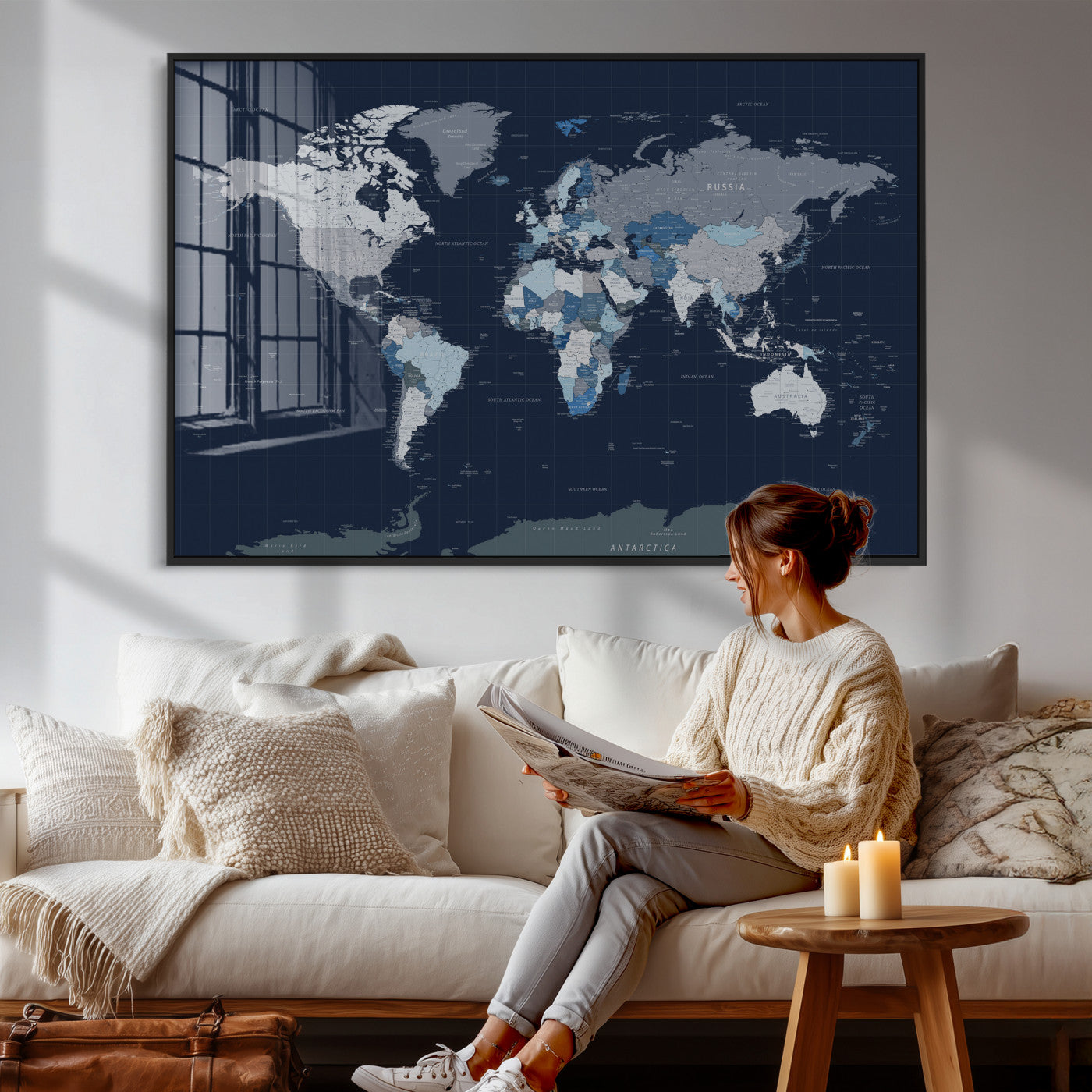 17712680-MGV-CV-36X24 - World Map Wall Art Canvas Print, Modern Decorative Framed Map Artwork Prints for Living Room, Office, Bedroom Wall Decor