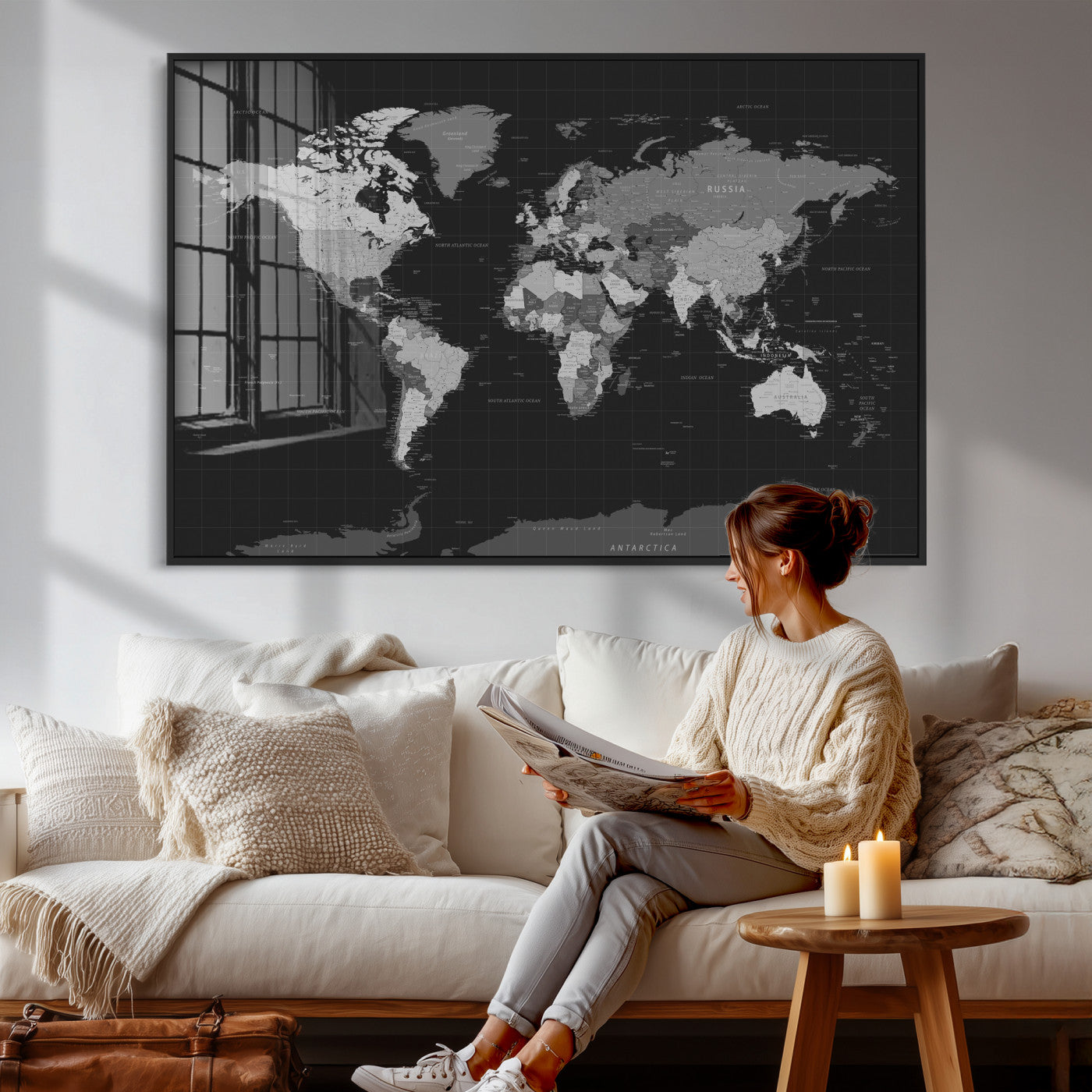 46160121-MGV-CV-36X24 - World Map Wall Art Canvas Print, Modern Decorative Framed Map Artwork Prints for Living Room, Office, Bedroom Wall Decor