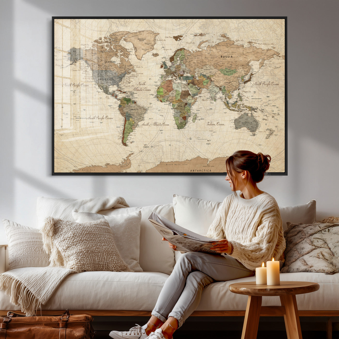36735609-MGV-CV-36X24 - World Map Wall Art Canvas Print, Modern Decorative Framed Map Artwork Prints for Living Room, Office, Bedroom Wall Decor