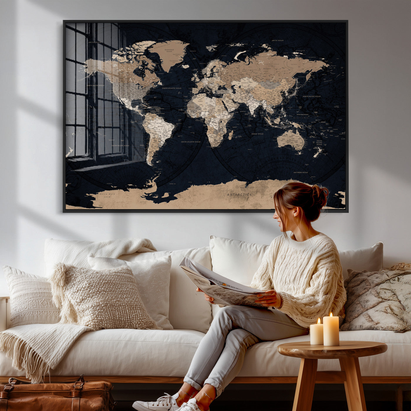 25812727-MGV-CV-36X24 - World Map Wall Art Canvas Print, Modern Decorative Framed Map Artwork Prints for Living Room, Office, Bedroom Wall Decor