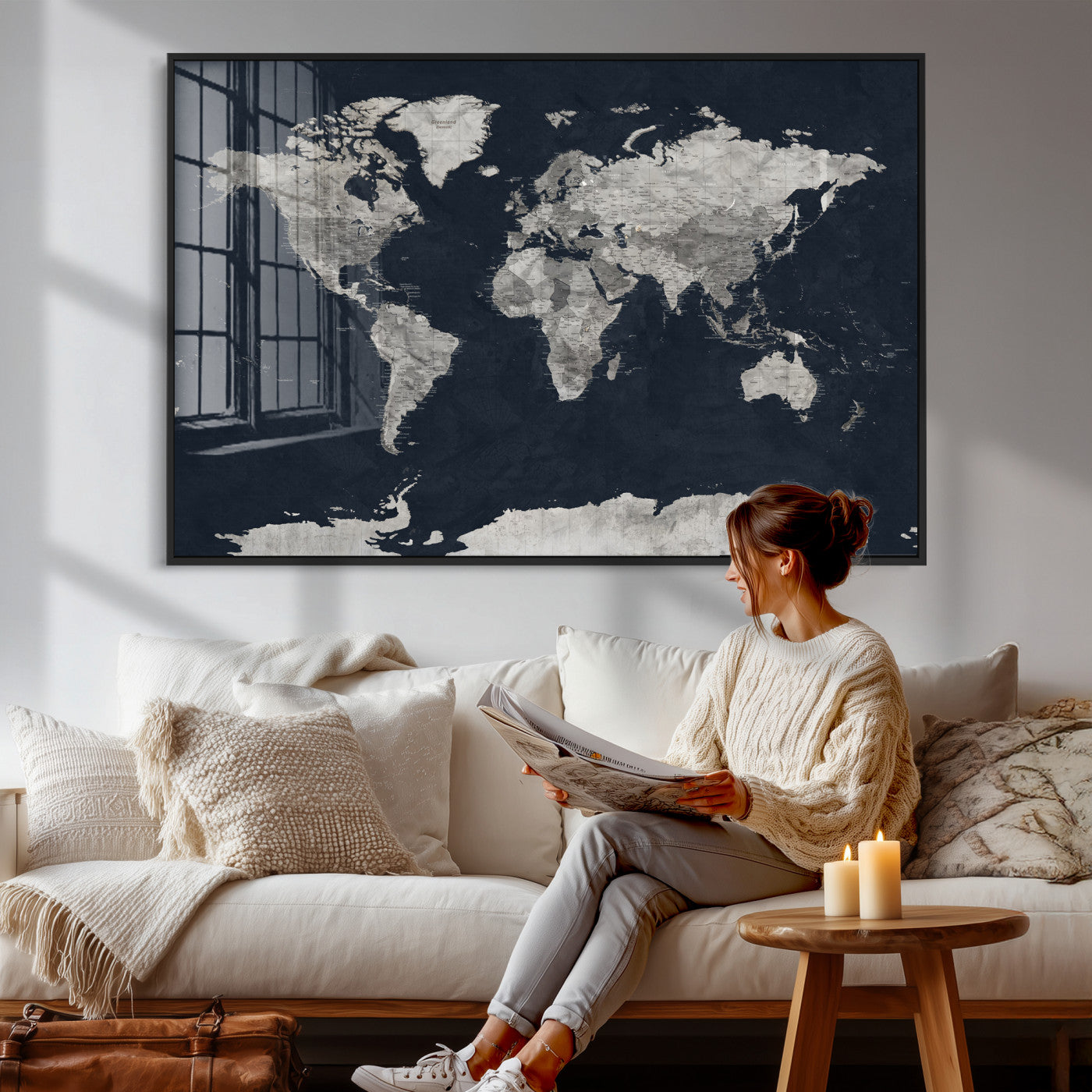 53886659-MGV-CV-36X24 - World Map Wall Art Canvas Print, Modern Decorative Framed Map Artwork Prints for Living Room, Office, Bedroom Wall Decor