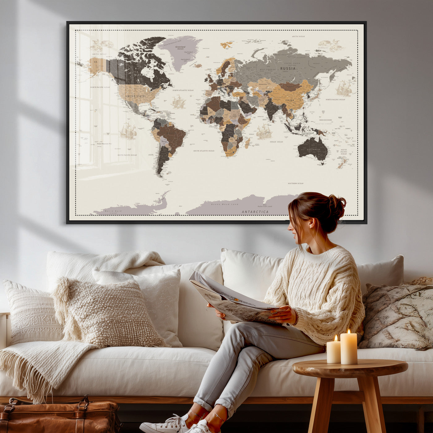 58777746-MGV-CV-36X24 - World Map Wall Art Canvas Print, Modern Decorative Framed Map Artwork Prints for Living Room, Office, Bedroom Wall Decor