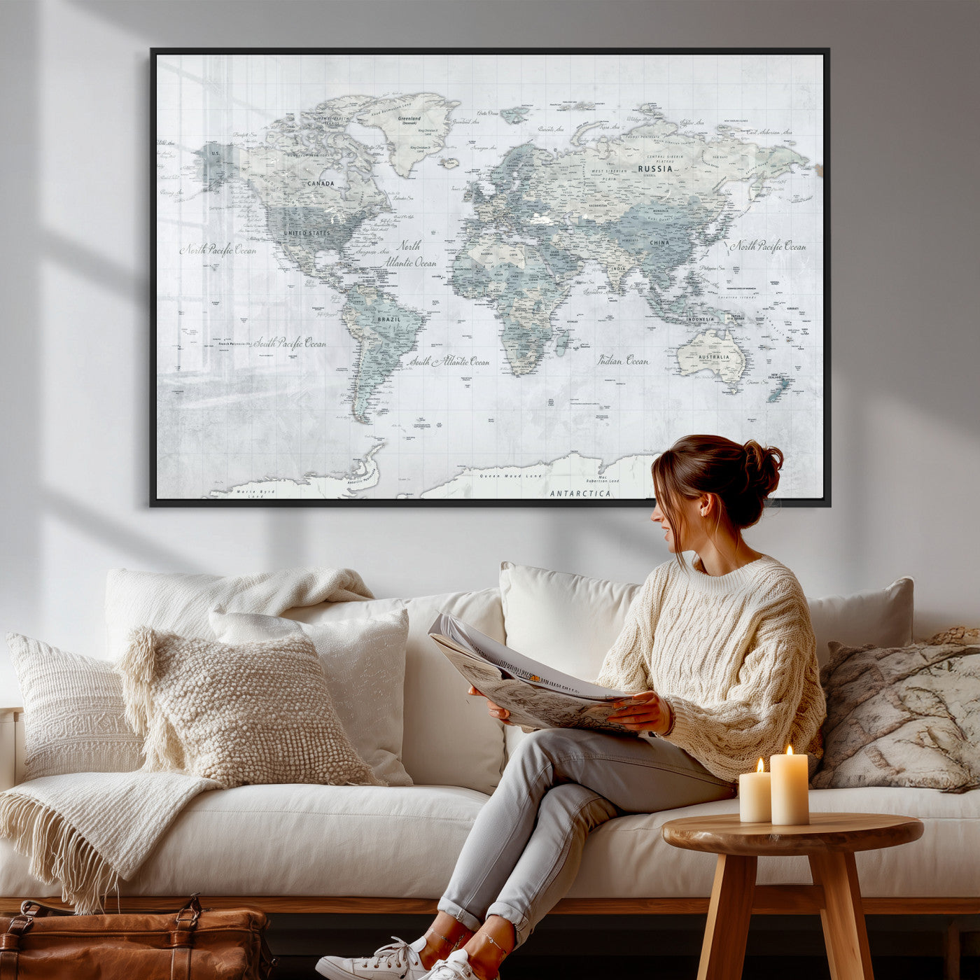 71091917-MGV-CV-36X24 - World Map Wall Art Canvas Print, Modern Decorative Framed Map Artwork Prints for Living Room, Office, Bedroom Wall Decor