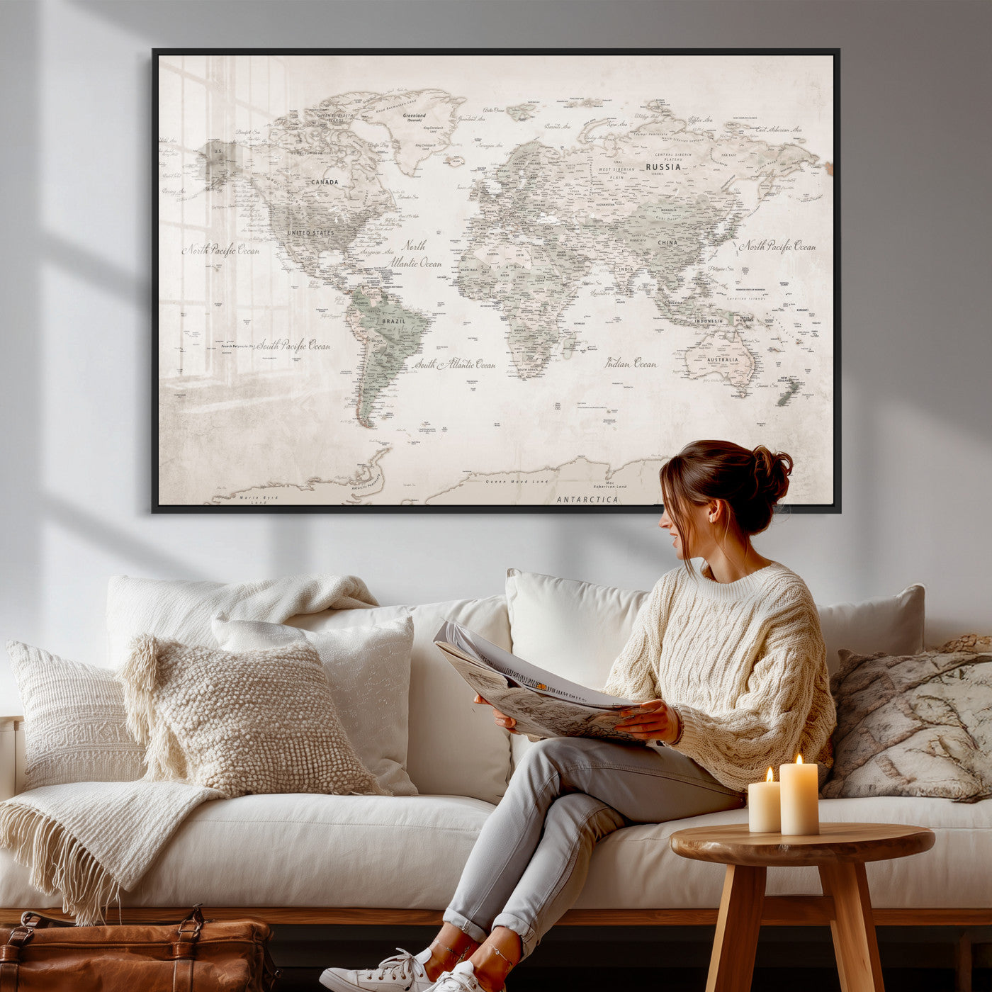 90355419-MGV-CV-36X24 - World Map Wall Art Canvas Print, Modern Decorative Framed Map Artwork Prints for Living Room, Office, Bedroom Wall Decor