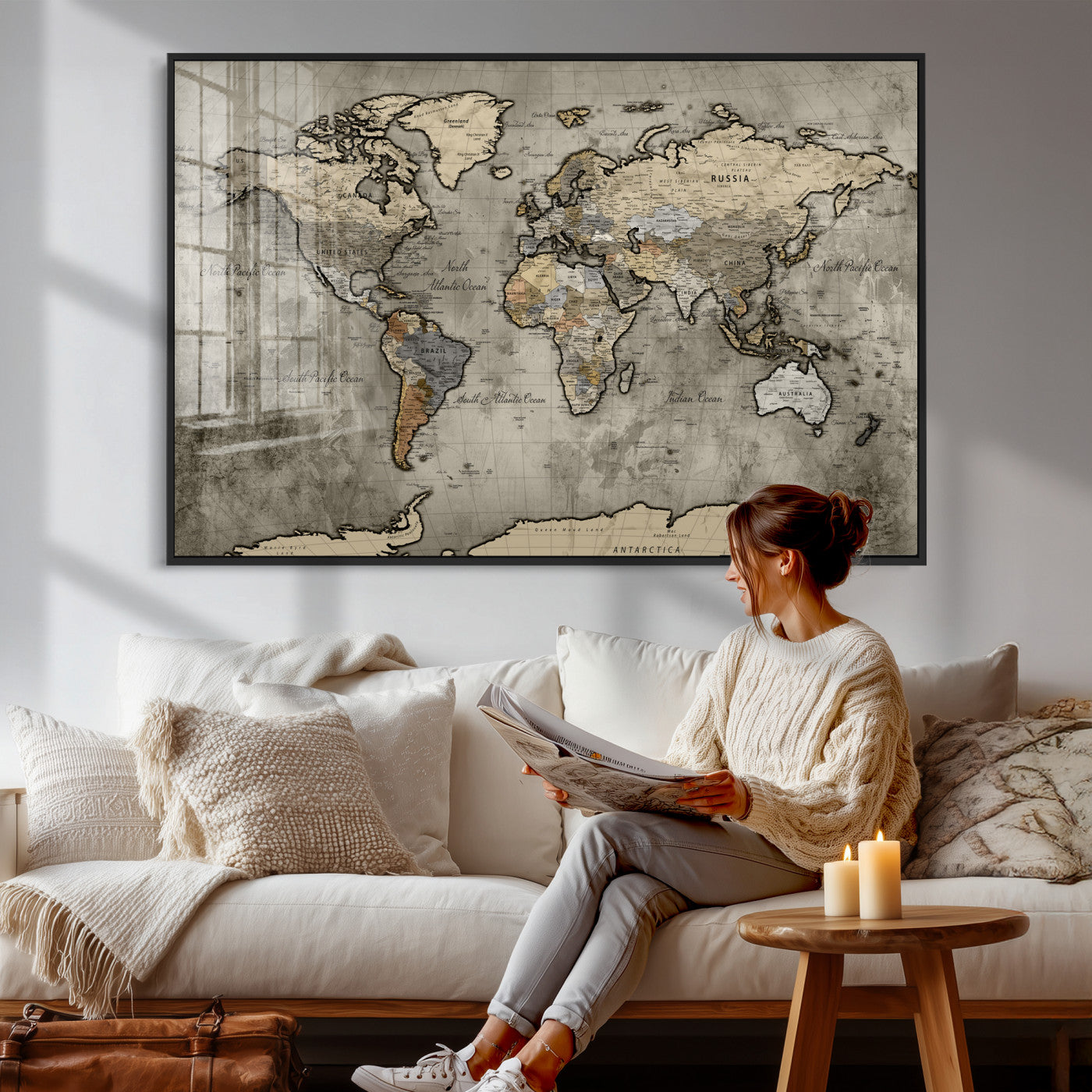 85218700-MGV-CV-36X24 - World Map Wall Art Canvas Print, Modern Decorative Framed Map Artwork Prints for Living Room, Office, Bedroom Wall Decor