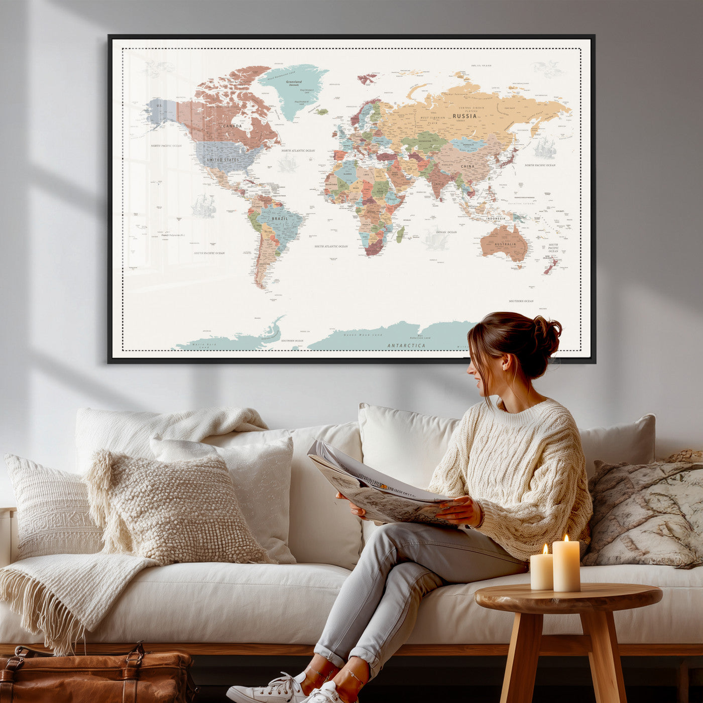 63447567-MGV-CV-36X24 - World Map Wall Art Canvas Print, Modern Decorative Framed Map Artwork Prints for Living Room, Office, Bedroom Wall Decor