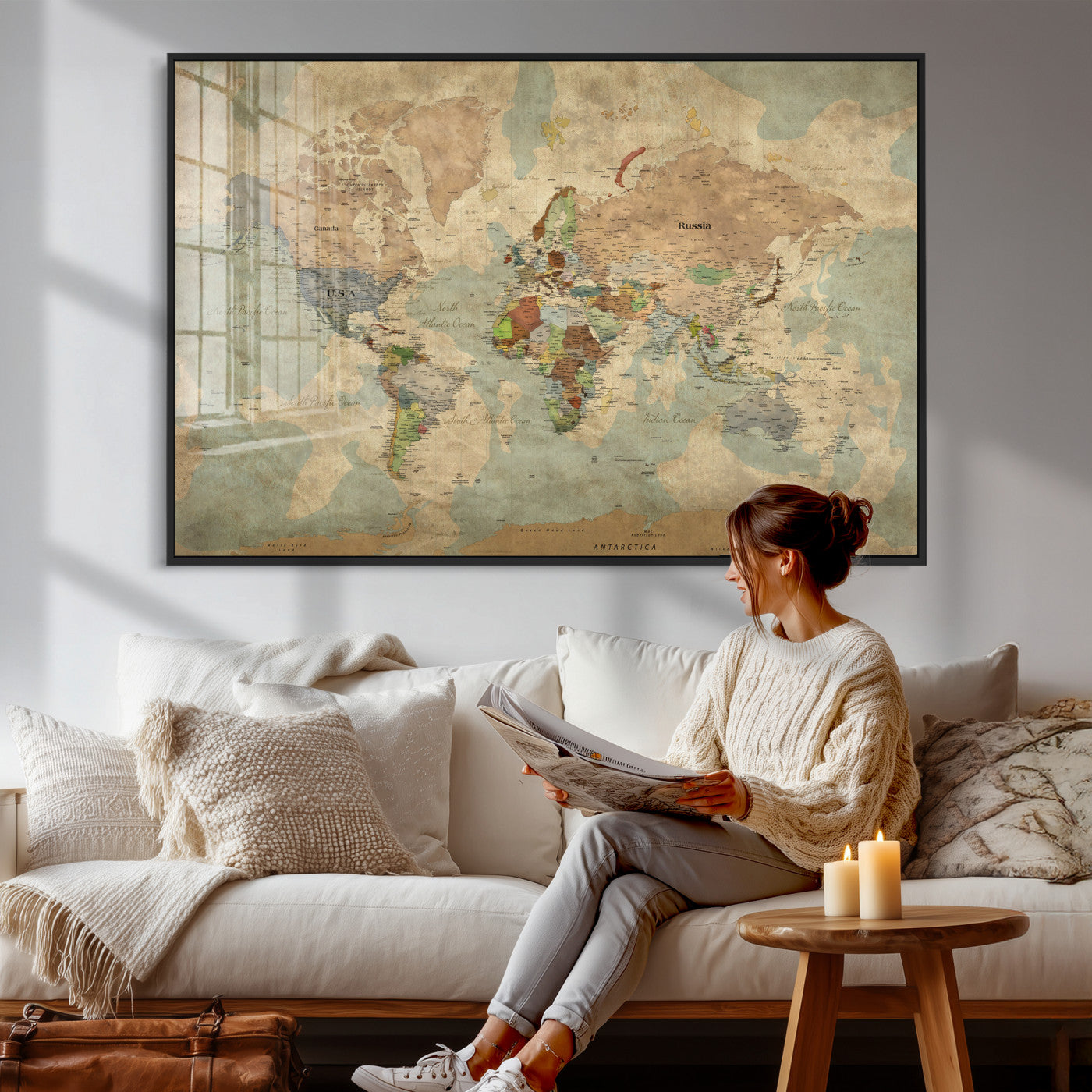 31492148-MGV-CV-36X24 - World Map Wall Art Canvas Print, Modern Decorative Framed Map Artwork Prints for Living Room, Office, Bedroom Wall Decor