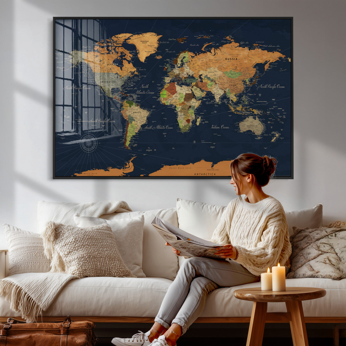 11715182-MGV-CV-36X24 - World Map Wall Art Canvas Print, Modern Decorative Framed Map Artwork Prints for Living Room, Office, Bedroom Wall Decor