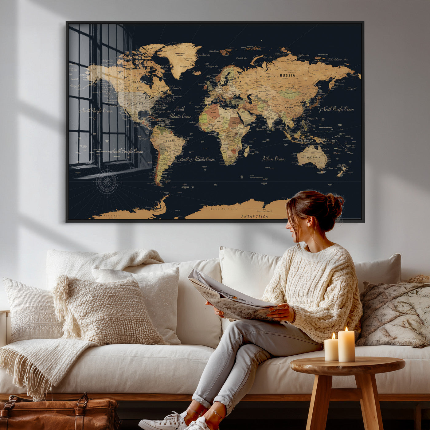 87280374-MGV-CV-36X24 - World Map Wall Art Canvas Print, Modern Decorative Framed Map Artwork Prints for Living Room, Office, Bedroom Wall Decor