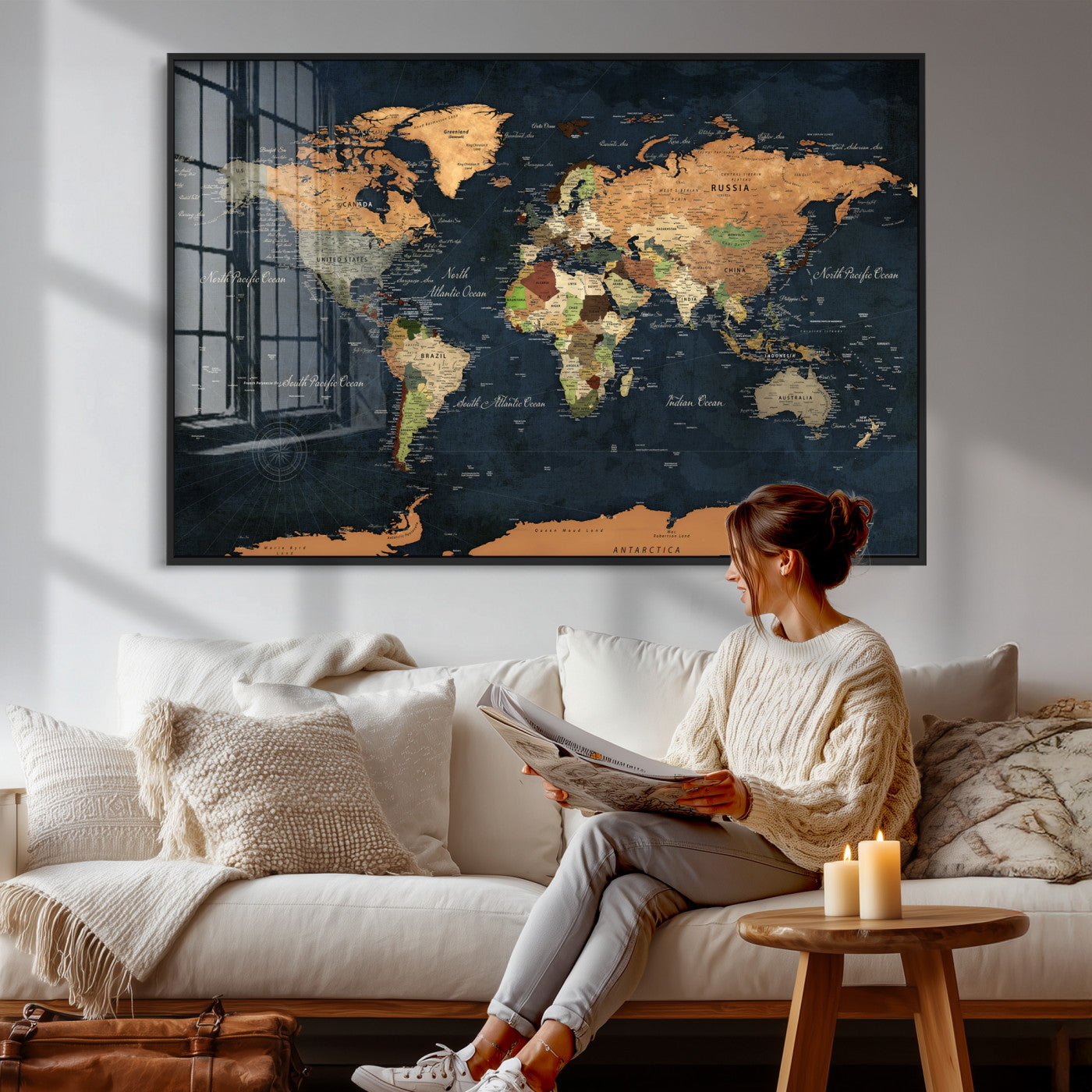 53717402-MGV-CV-36X24 - World Map Wall Art Canvas Print, Modern Decorative Framed Map Artwork Prints for Living Room, Office, Bedroom Wall Decor