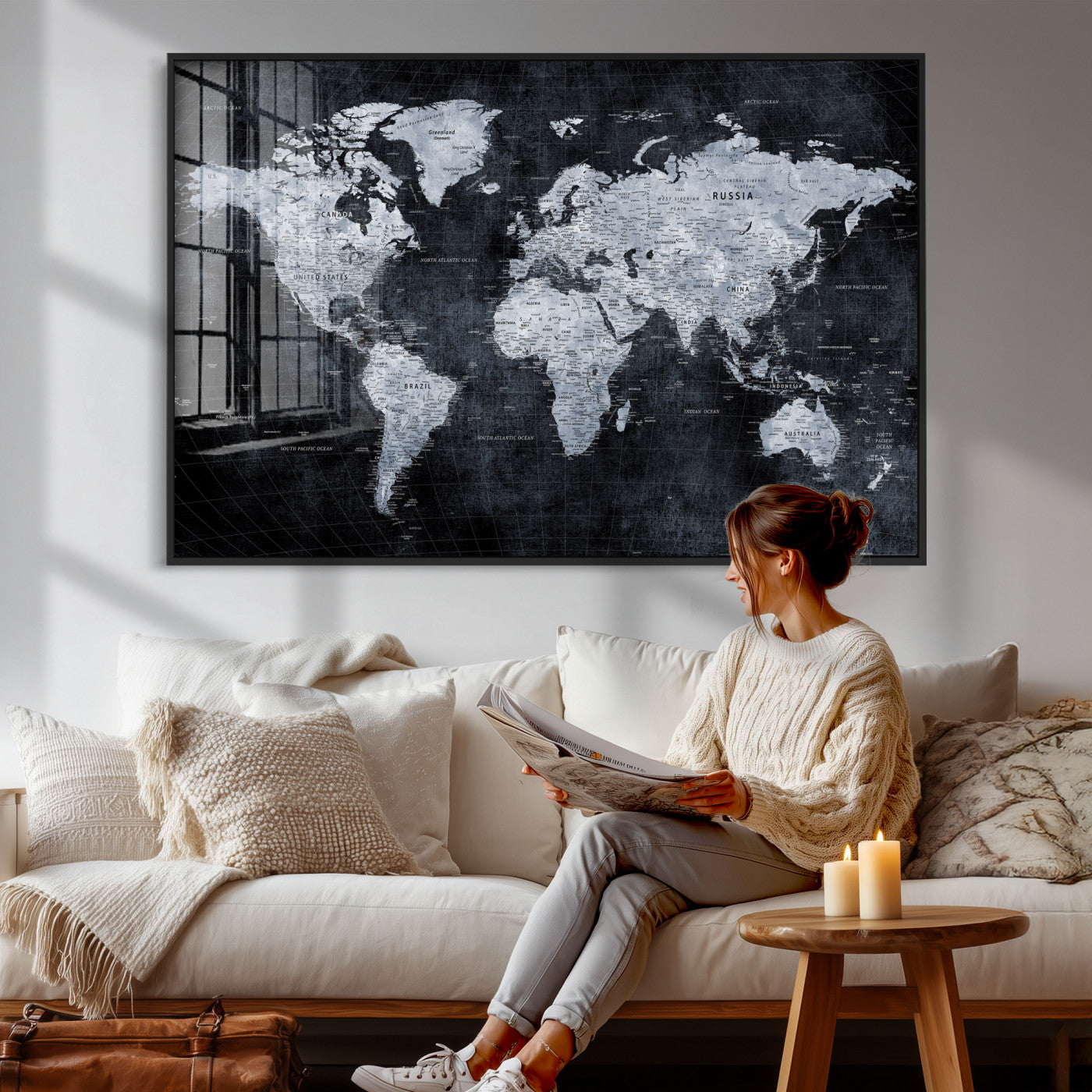 86893704-MGV-CV-36X24 - World Map Wall Art Canvas Print, Modern Decorative Framed Map Artwork Prints for Living Room, Office, Bedroom Wall Decor