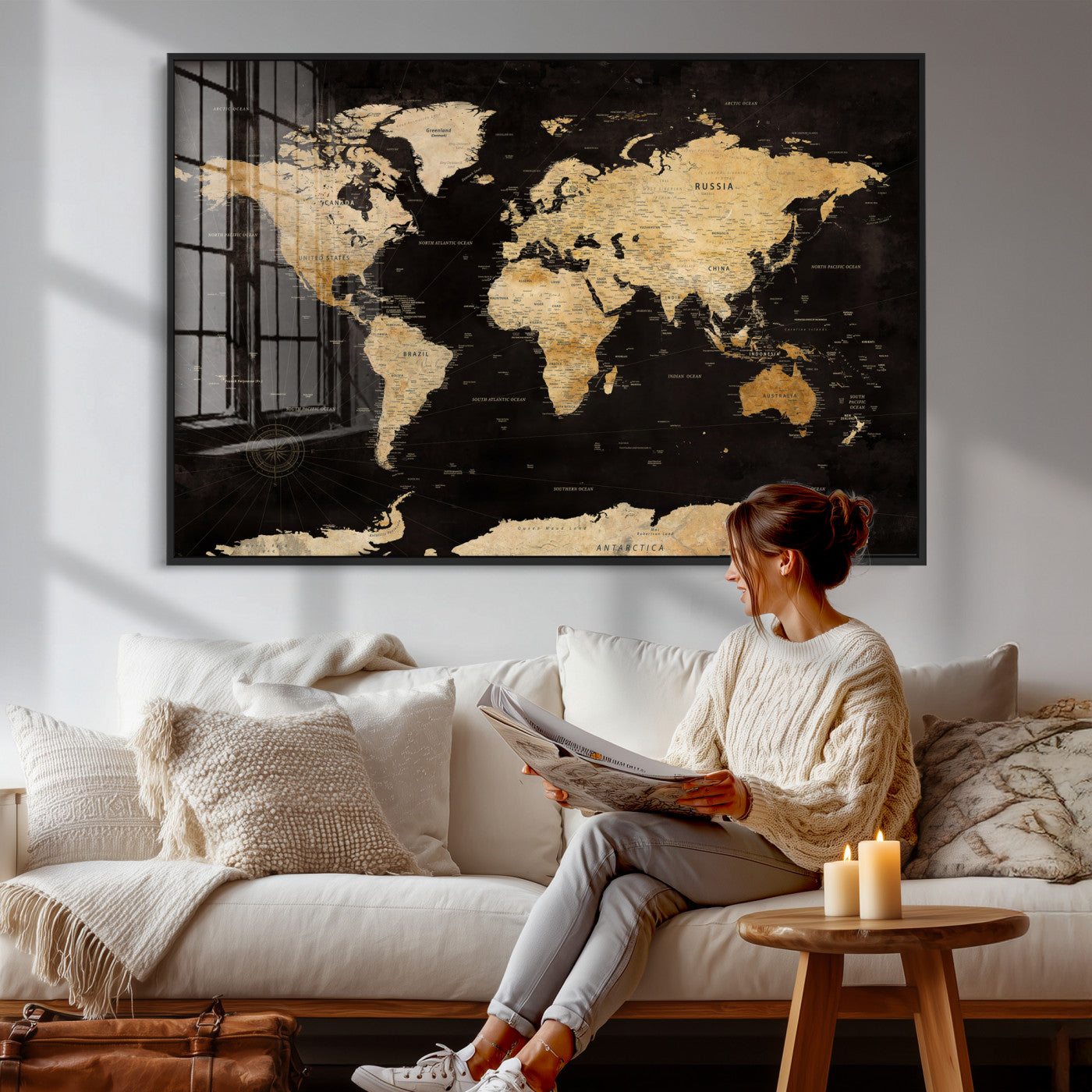 70468159-MGV-CV-36X24 - World Map Wall Art Canvas Print, Modern Decorative Framed Map Artwork Prints for Living Room, Office, Bedroom Wall Decor