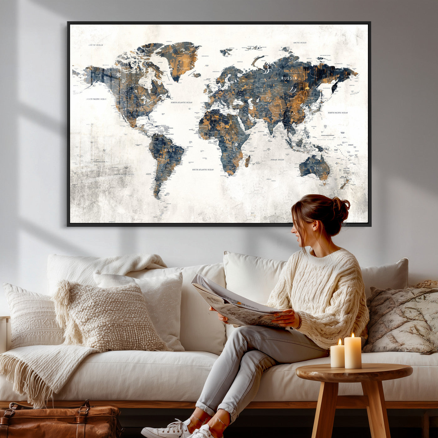 52451147-MGV-CV-36X24 - World Map Wall Art Canvas Print, Modern Decorative Framed Map Artwork Prints for Living Room, Office, Bedroom Wall Decor