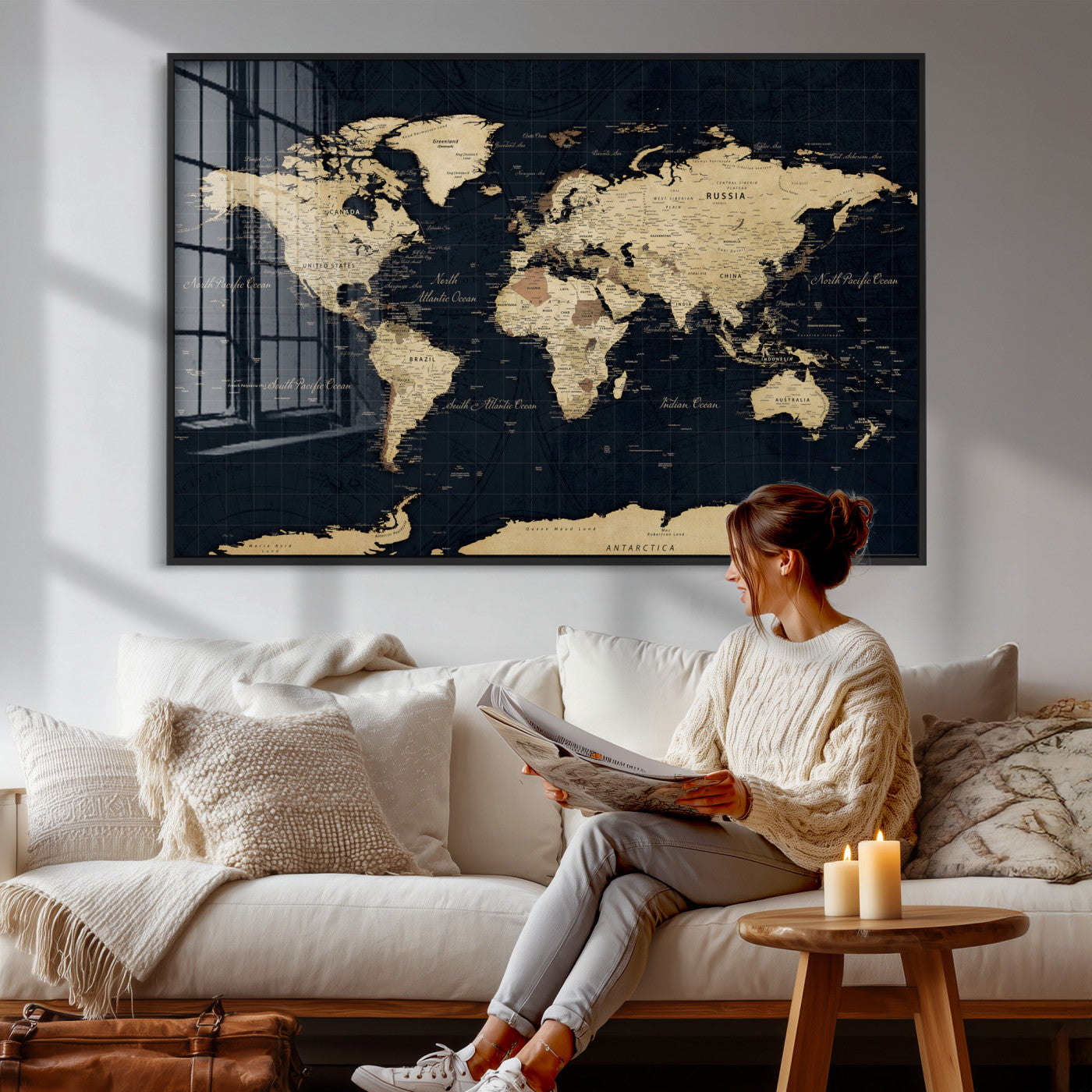 45063434-MGV-CV-36X24 - World Map Wall Art Canvas Print, Modern Decorative Framed Map Artwork Prints for Living Room, Office, Bedroom Wall Decor