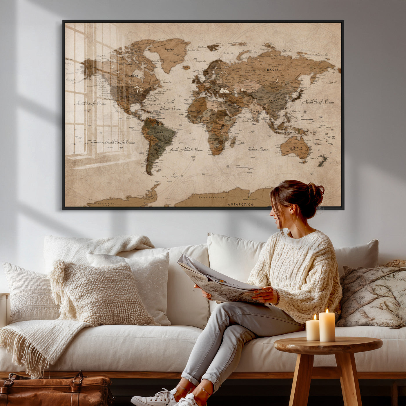 40064188-MGV-CV-36X24 - World Map Wall Art Canvas Print, Modern Decorative Framed Map Artwork Prints for Living Room, Office, Bedroom Wall Decor