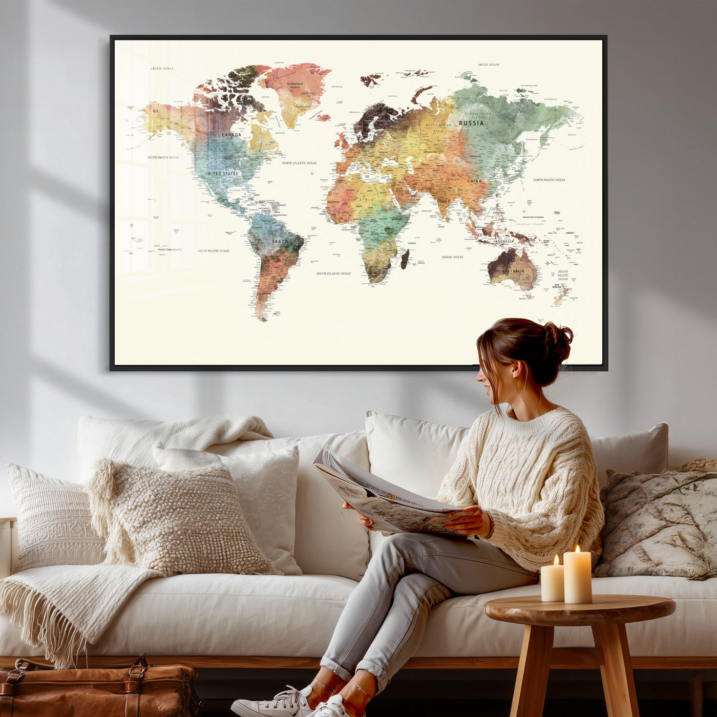 64206059-MGV-CV-36X24 - World Map Wall Art Canvas Print, Modern Decorative Framed Map Artwork Prints for Living Room, Office, Bedroom Wall Decor