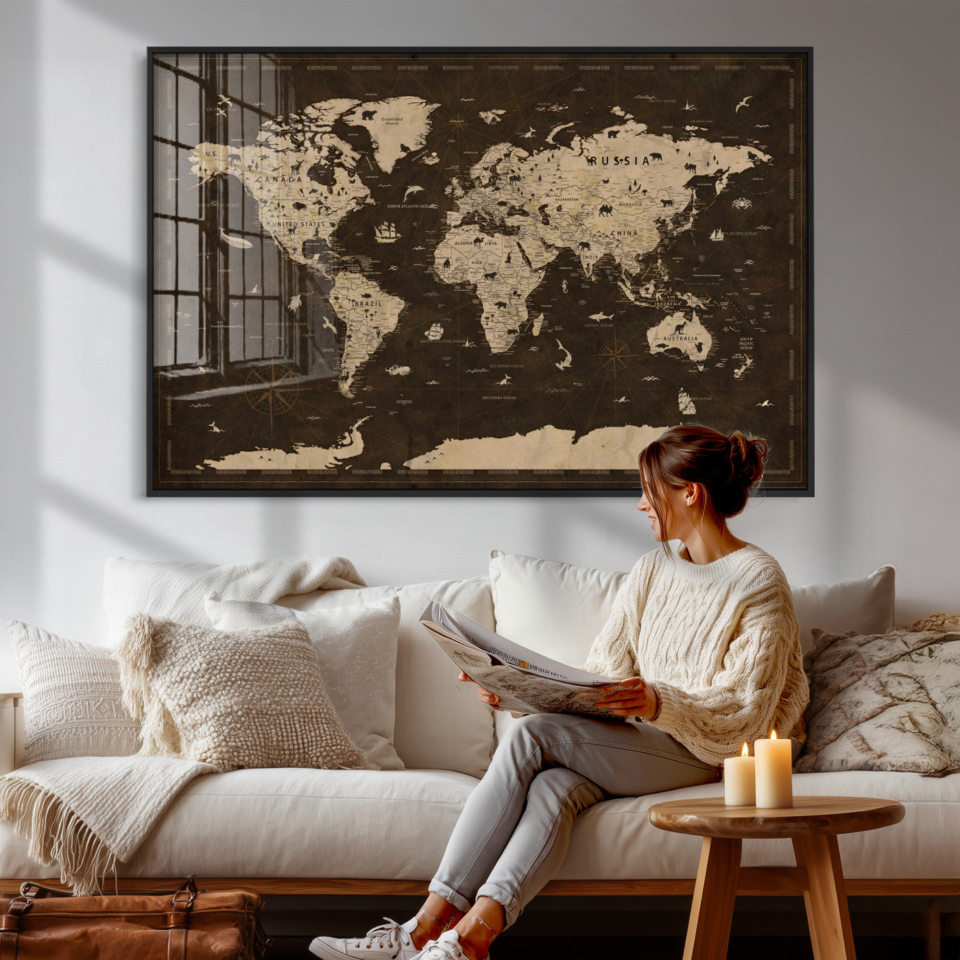 44276398-MGV-CV-36X24 - World Map Wall Art Canvas Print, Modern Decorative Framed Map Artwork Prints for Living Room, Office, Bedroom Wall Decor