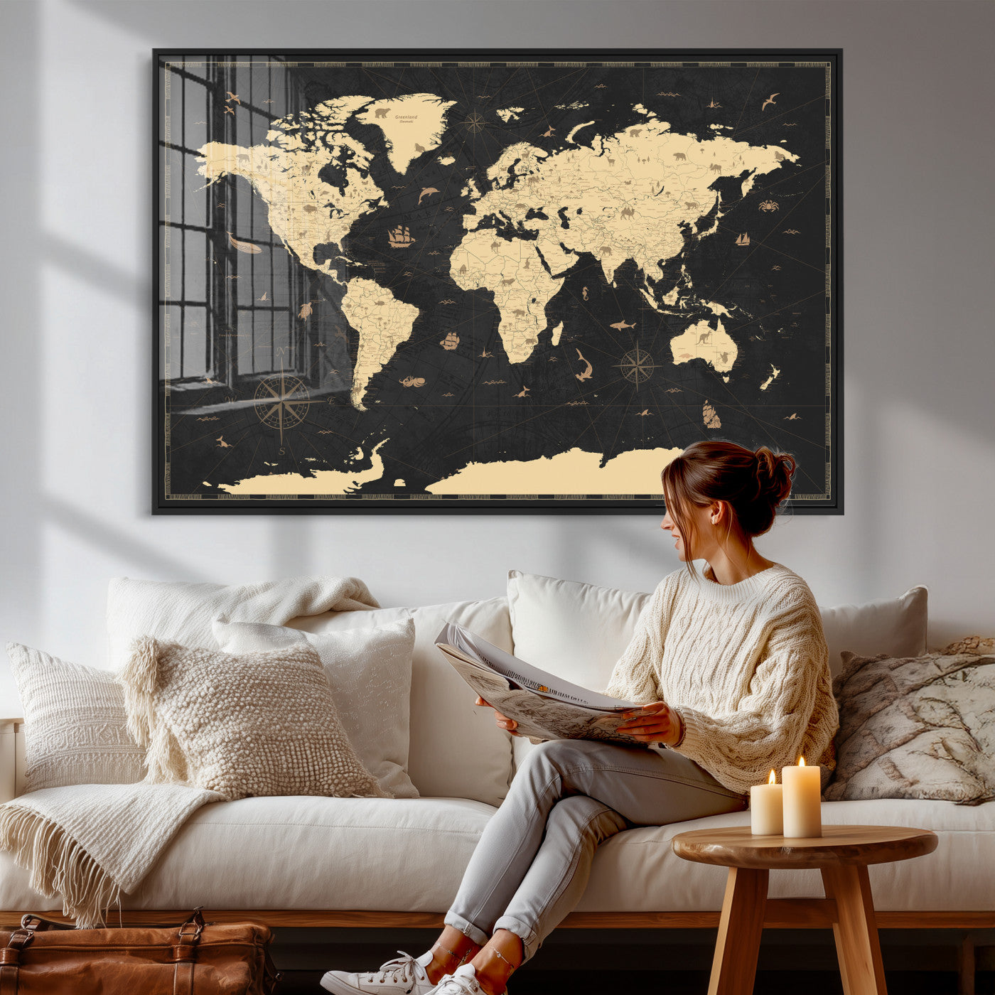 75220264-MGV-CV-36X24 - World Map Wall Art Canvas Print, Modern Decorative Framed Map Artwork Prints for Living Room, Office, Bedroom Wall Decor