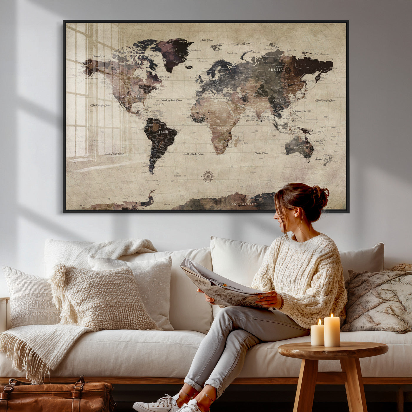 60560672-MGV-CV-36X24 - World Map Wall Art Canvas Print, Modern Decorative Framed Map Artwork Prints for Living Room, Office, Bedroom Wall Decor