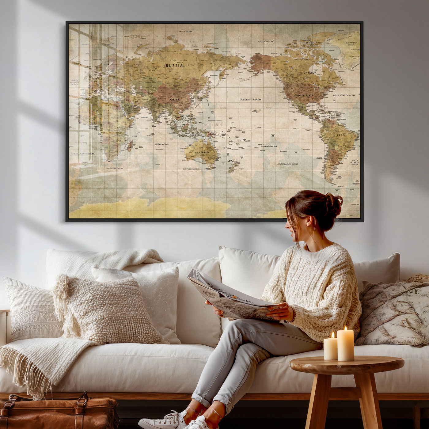 22305205-MGV-CV-36X24 - World Map Wall Art Canvas Print, Modern Decorative Framed Map Artwork Prints for Living Room, Office, Bedroom Wall Decor