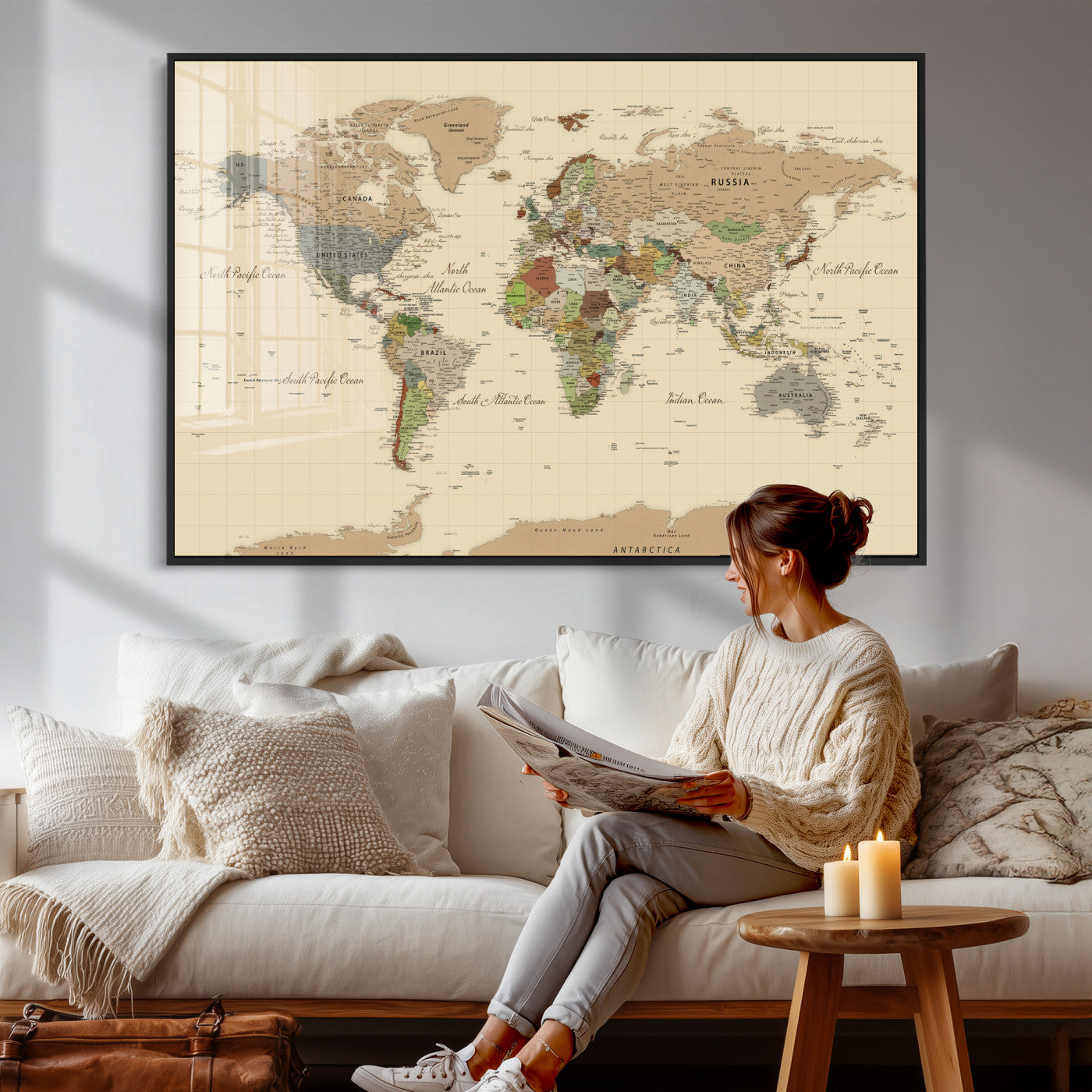 31407854-MGV-CV-36X24 - World Map Wall Art Canvas Print, Modern Decorative Framed Map Artwork Prints for Living Room, Office, Bedroom Wall Decor