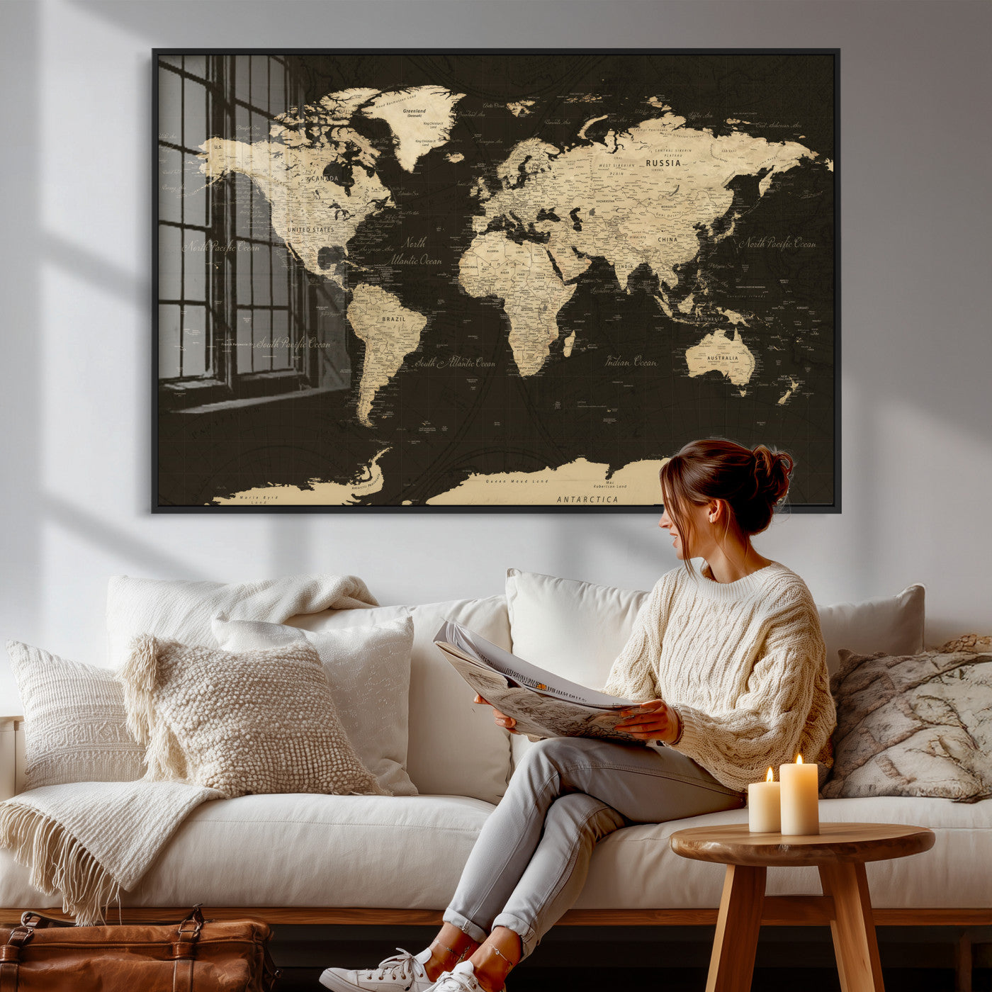 89024244-MGV-CV-36X24 - World Map Wall Art Canvas Print, Modern Decorative Framed Map Artwork Prints for Living Room, Office, Bedroom Wall Decor