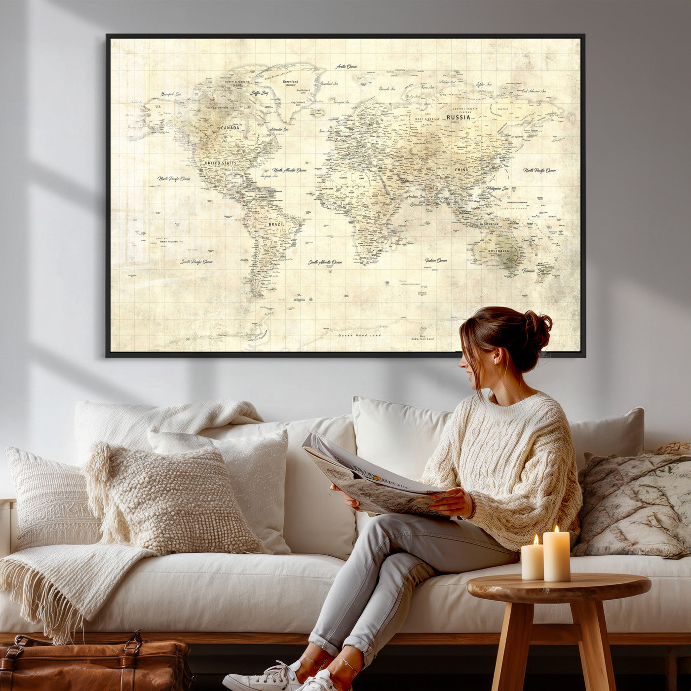17101439-MGV-CV-36X24 - World Map Wall Art Canvas Print, Modern Decorative Framed Map Artwork Prints for Living Room, Office, Bedroom Wall Decor