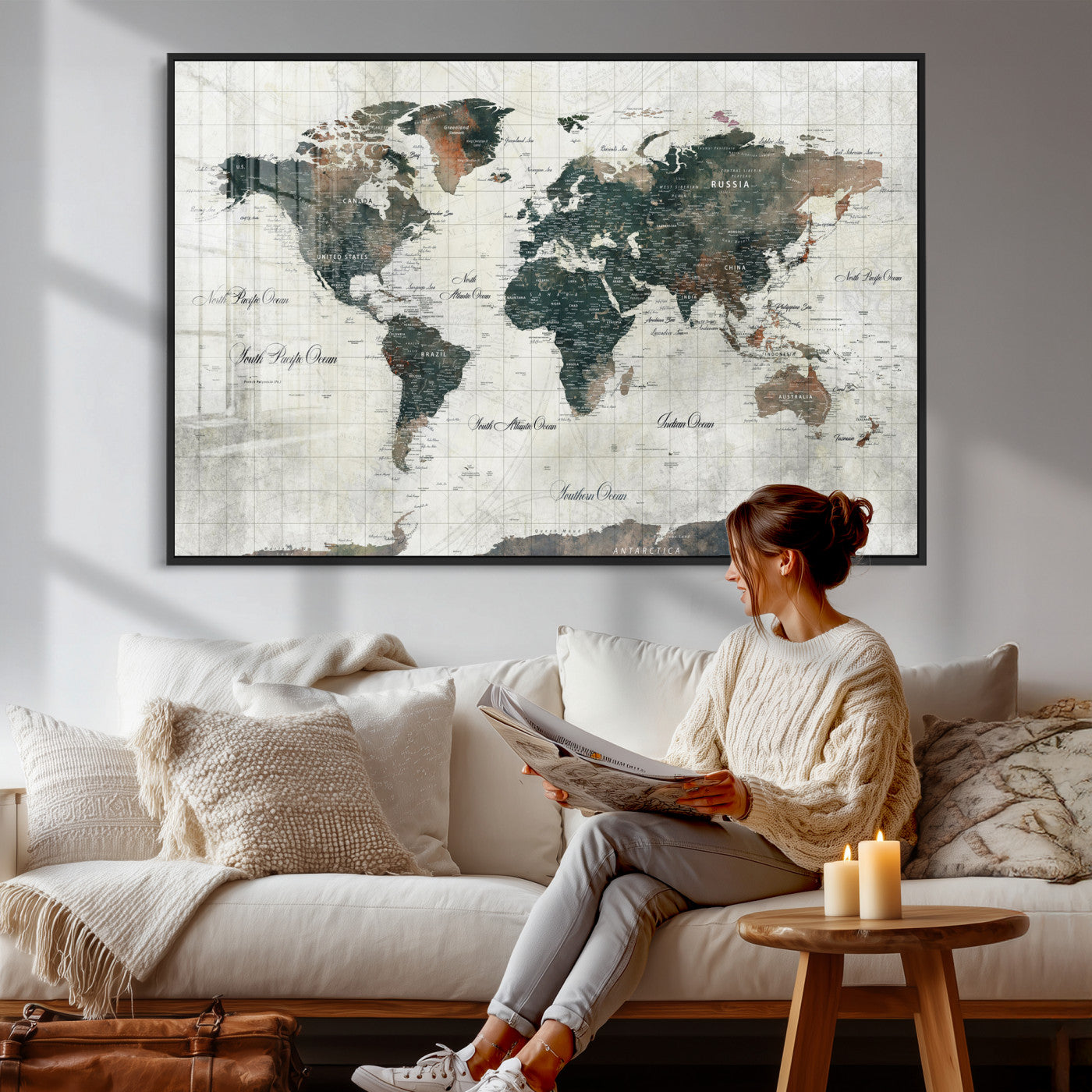 91179593-MGV-CV-36X24 - World Map Wall Art Canvas Print, Modern Decorative Framed Map Artwork Prints for Living Room, Office, Bedroom Wall Decor