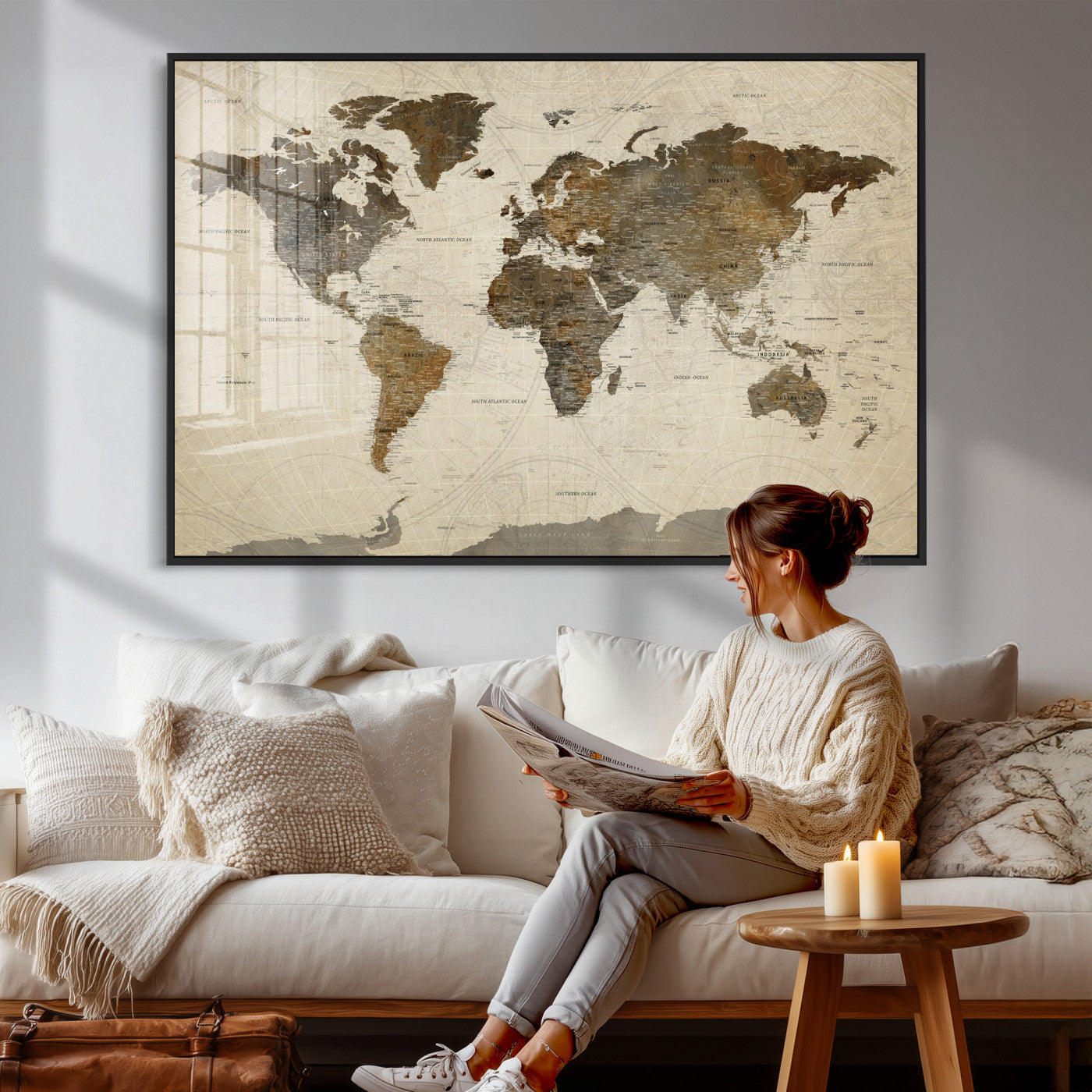 49623468-MGV-CV-36X24 - World Map Wall Art Canvas Print, Modern Decorative Framed Map Artwork Prints for Living Room, Office, Bedroom Wall Decor