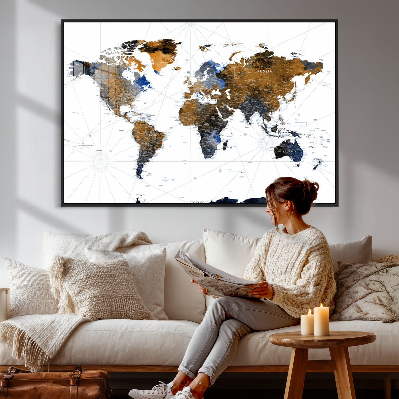 56364879-MGV-CV-36X24 - World Map Wall Art Canvas Print, Modern Decorative Framed Map Artwork Prints for Living Room, Office, Bedroom Wall Decor