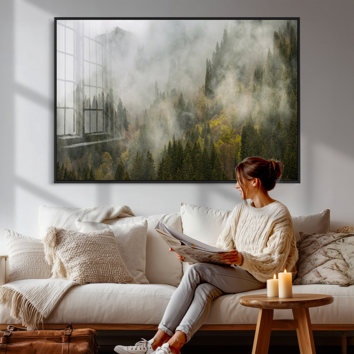 31152954-MGV-CV-36X24 - Misty Mountain Forest Canvas Print, Foggy Pine Trees Nature Wall Art, Framed Canvas Ready to Hang