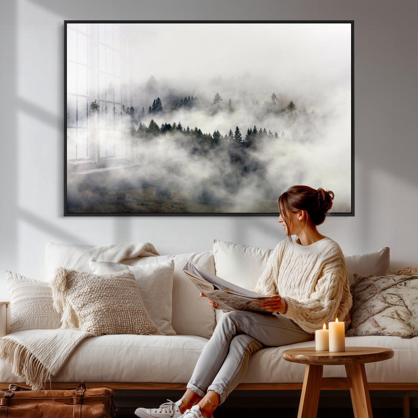 63235457-MGV-CV-36X24 - Foggy Forest Wall Art Canvas Print, Misty Pine Tree Landscape Wall Art Print, Framed Wall Art Ready to Hang