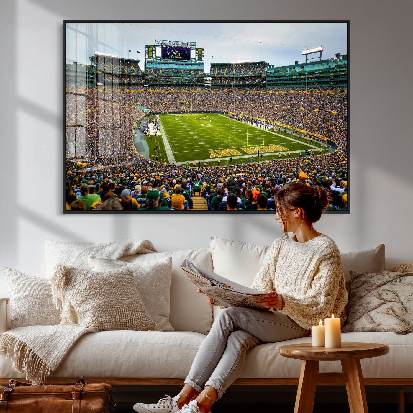 56521752-MGV-CV-36X24 - Green Bay Packers Stadium Wall Art Canvas Print, Lambeau Field Football Stadium Artwork, Framed Wall Art Ready to Hang