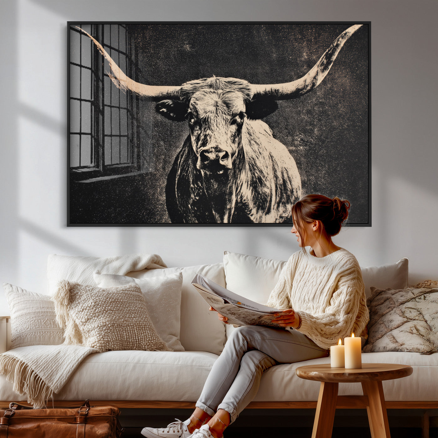 27394218-MGV-CV-36X24 - Vintage Texas Longhorn Bull Wall Art Canvas Print, Cow Portrait Photography Print, Framed Wall Art Ready to Hang