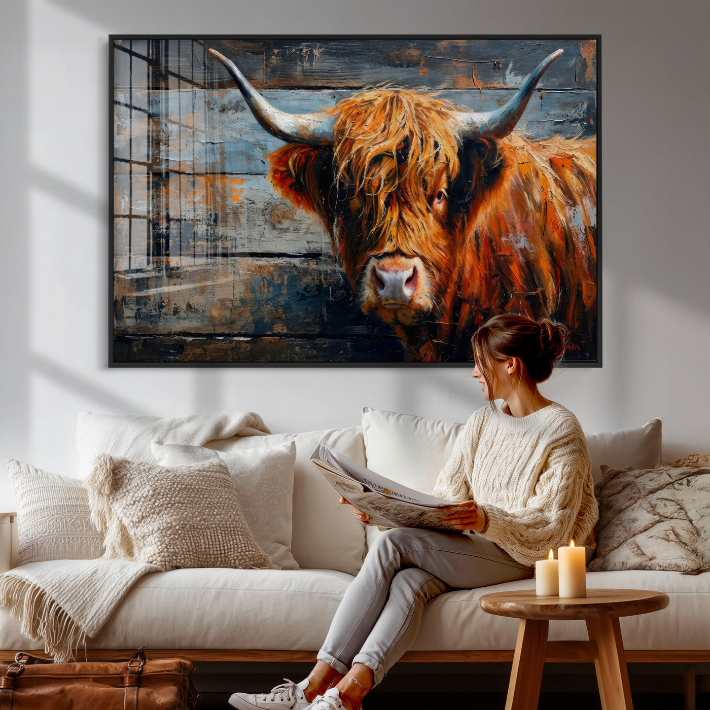 90271423-MGV-CV-36X24 - Highland Cow Wall Art Canvas Print, Abstract Rustic Farm Animal Wall Art Print, Framed Wall Art Ready to Hang