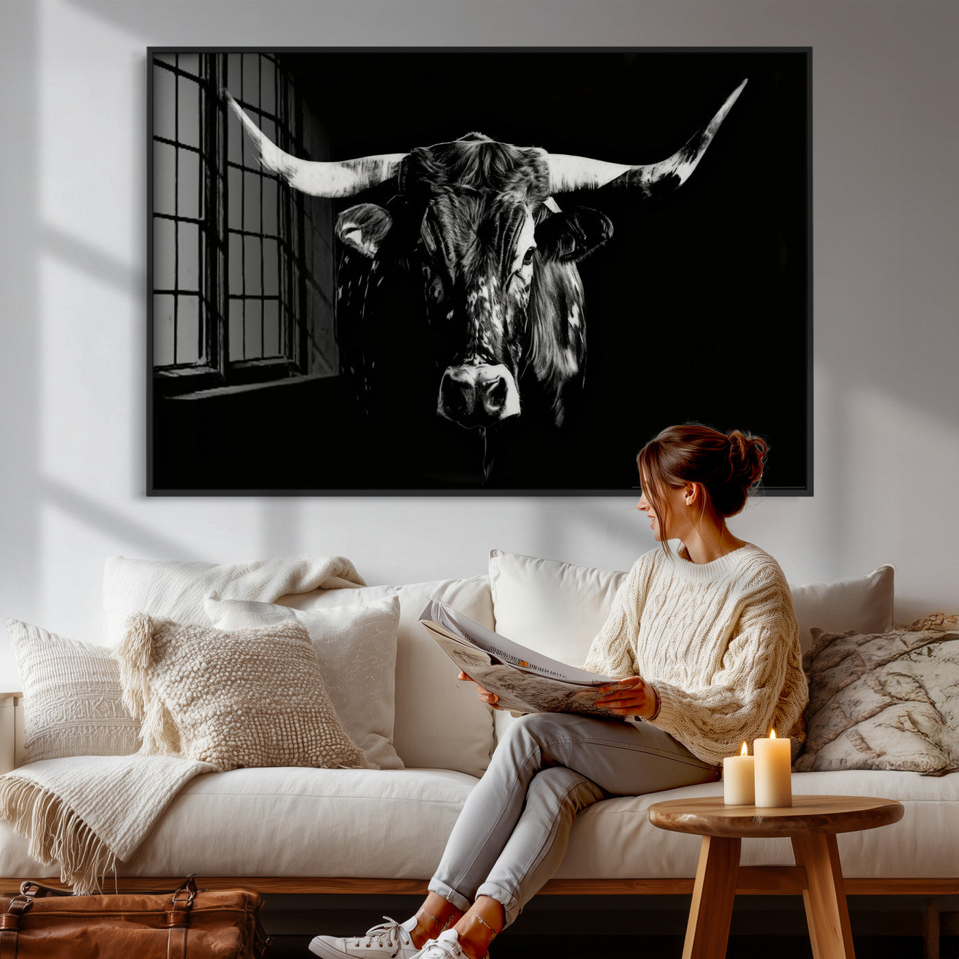 21436434-MGV-CV-36X24 - Black Bull Wall Art Canvas Print, Dark Longhorn Portrait Photography, Framed Wall Art Ready to Hang
