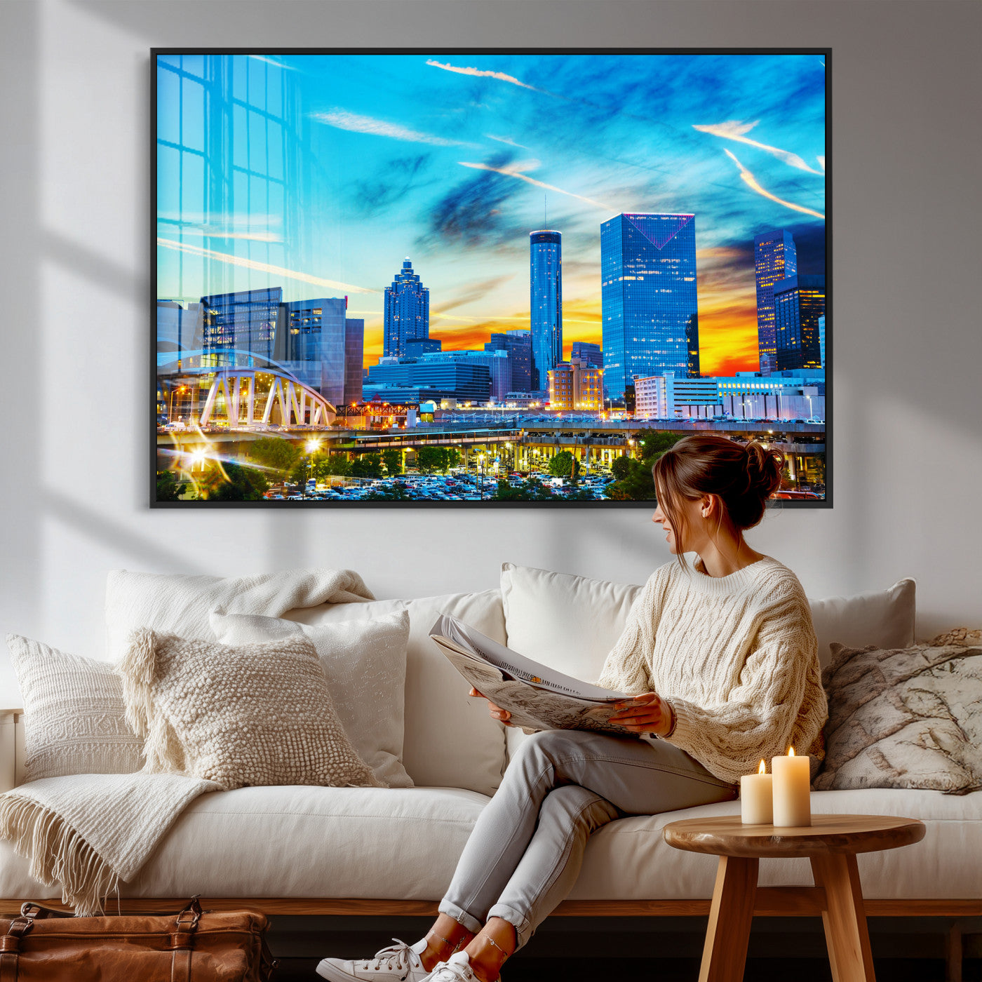 23097797-MGV-CV-36X24 - Atlanta Skyline Wall Art Canvas Print, Atlanta Downtown Night Cityscape Print for Modern Urban Wall Decor