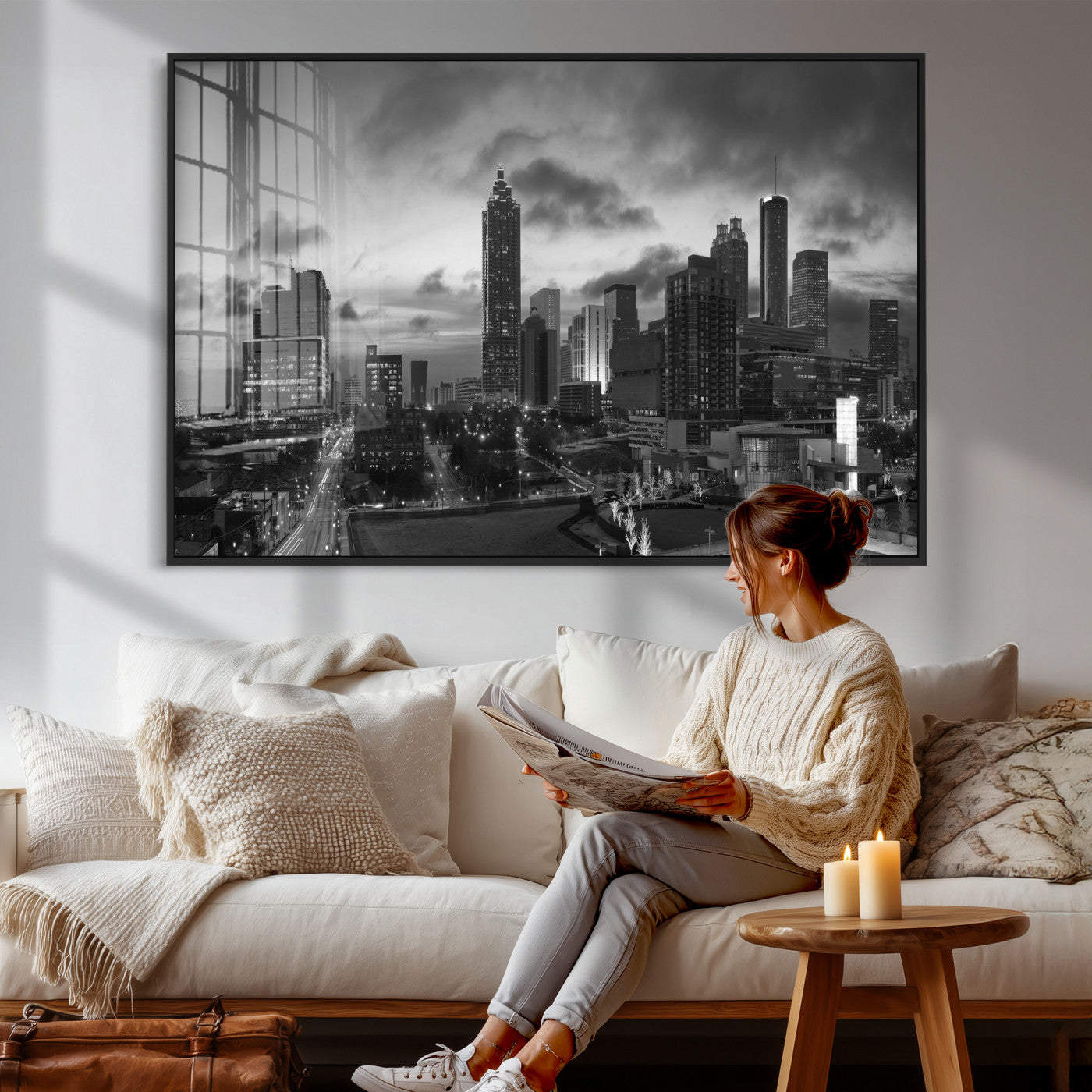 91959506-MGV-CV-36X24 - Atlanta Skyline Wall Art Canvas Print, Atlanta Downtown Night Cityscape Print for Modern Urban Wall Decor