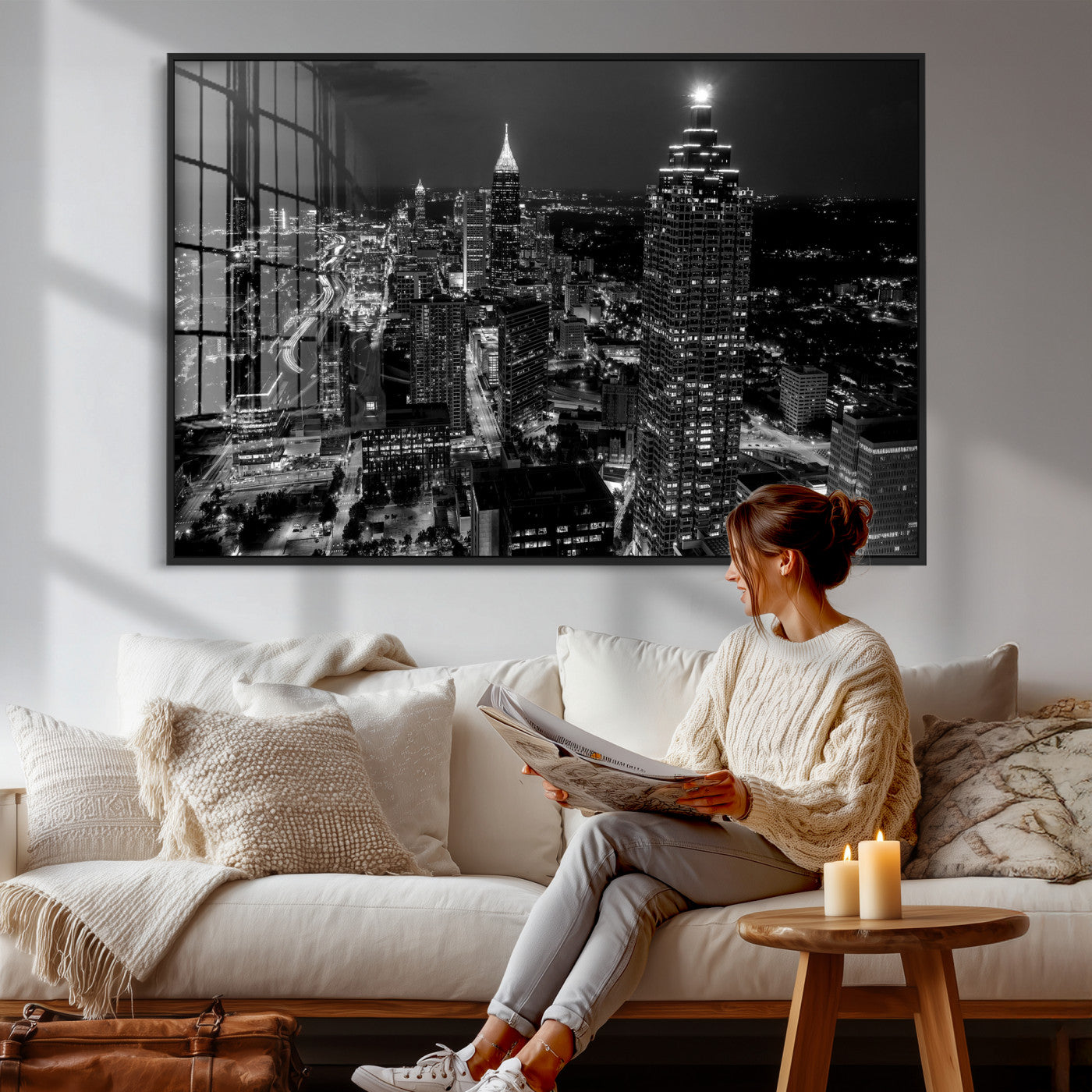 56773510-MGV-CV-36X24 - Atlanta Skyline Wall Art Canvas Print, Atlanta Downtown Night Cityscape Print for Modern Urban Wall Decor