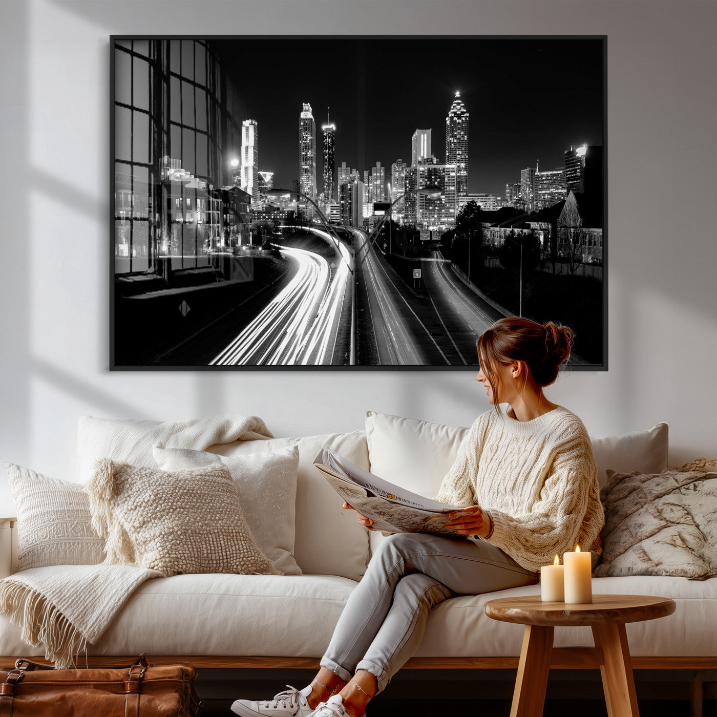 80330064-MGV-CV-36X24 - Atlanta Skyline Wall Art Canvas Print, Atlanta Downtown Night Cityscape Print for Modern Urban Wall Decor