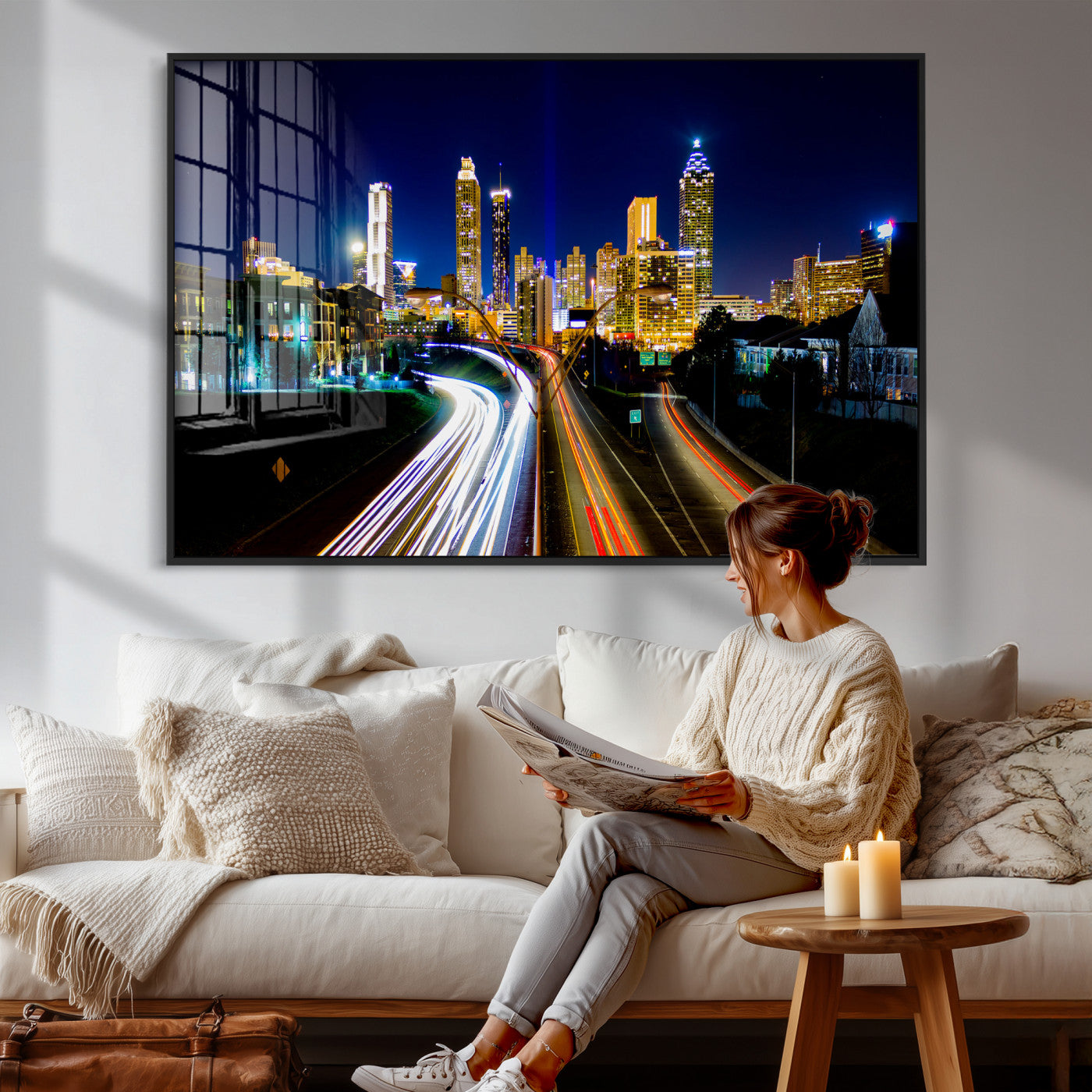 12967464-MGV-CV-36X24 - Atlanta Skyline Wall Art Canvas Print, Atlanta Downtown Night Cityscape Print for Modern Urban Wall Decor