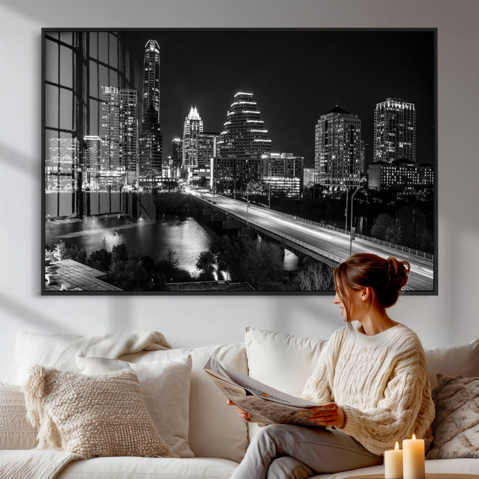 37531750-MGV-CV-36X24 - Austin Skyline Wall Art Canvas Print, Austin Downtown Night Cityscape Print for Modern Urban Wall Decor