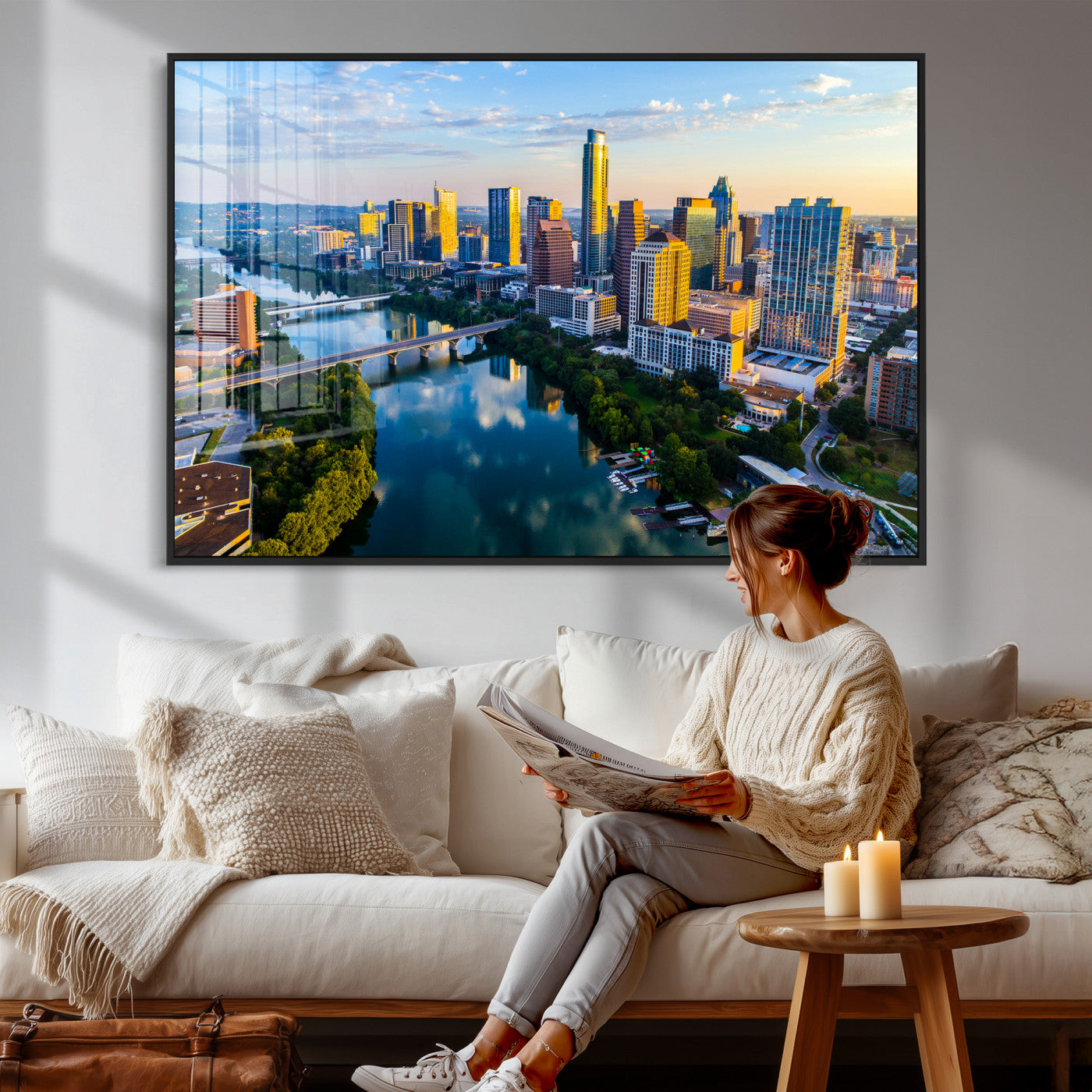 33675326-MGV-CV-36X24 - Austin Skyline Wall Art Canvas Print, Austin Downtown Night Cityscape Print for Modern Urban Wall Decor