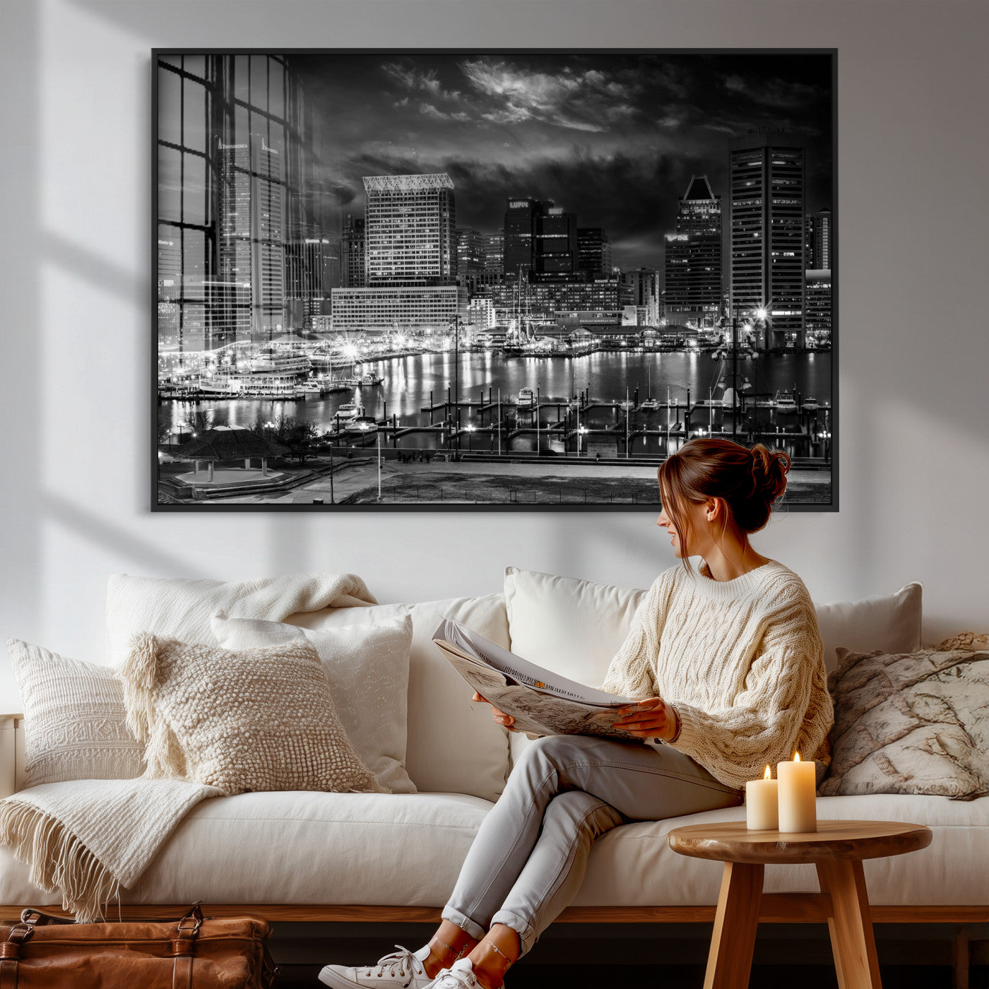 79755655-MGV-CV-36X24 - Baltimore Skyline Wall Art Canvas Print, Baltimore Downtown Night Cityscape Print for Modern Urban Wall Decor